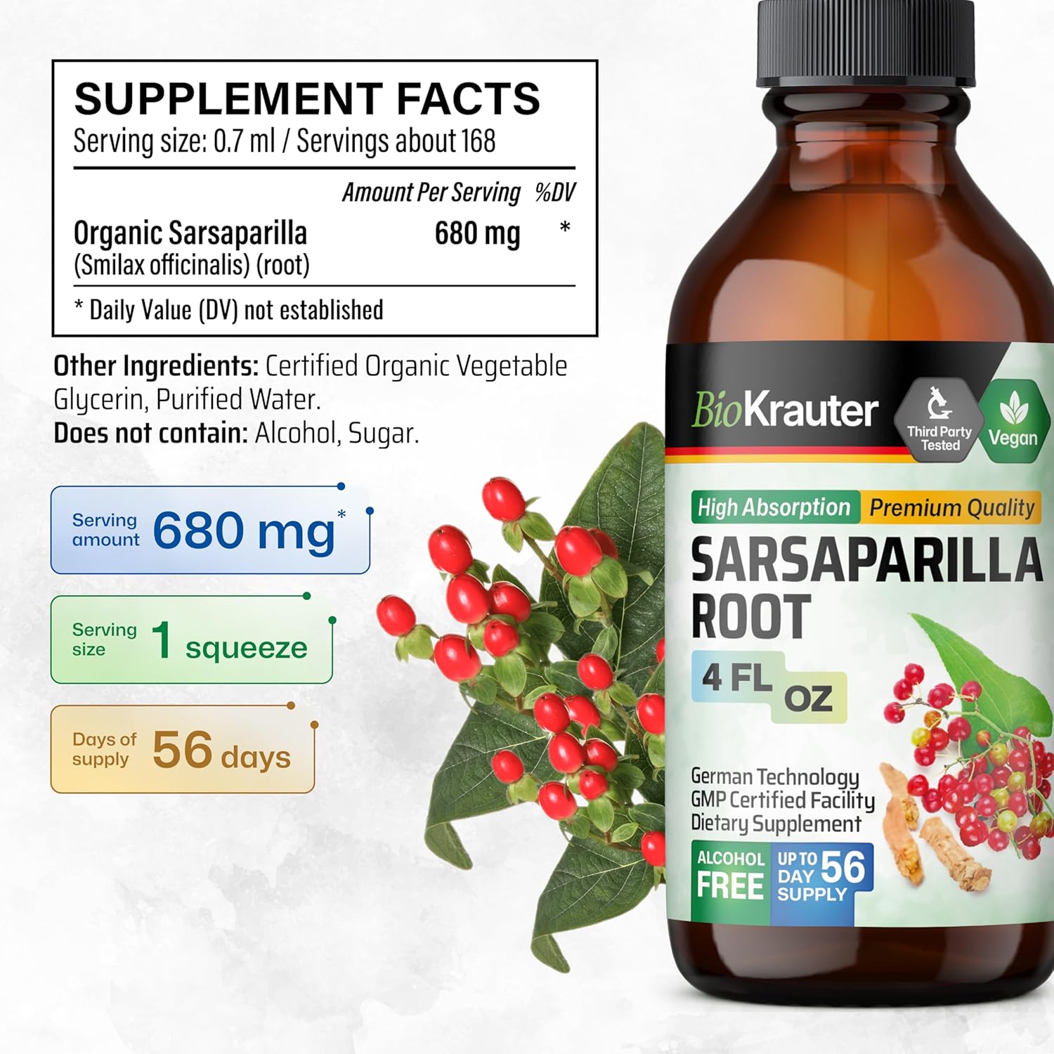 Sarsaparilla Root Tincture - Herbal Liver Support Supplement - Alcohol & Sugar Free Vegan Drops - 4 Fl.Oz.
