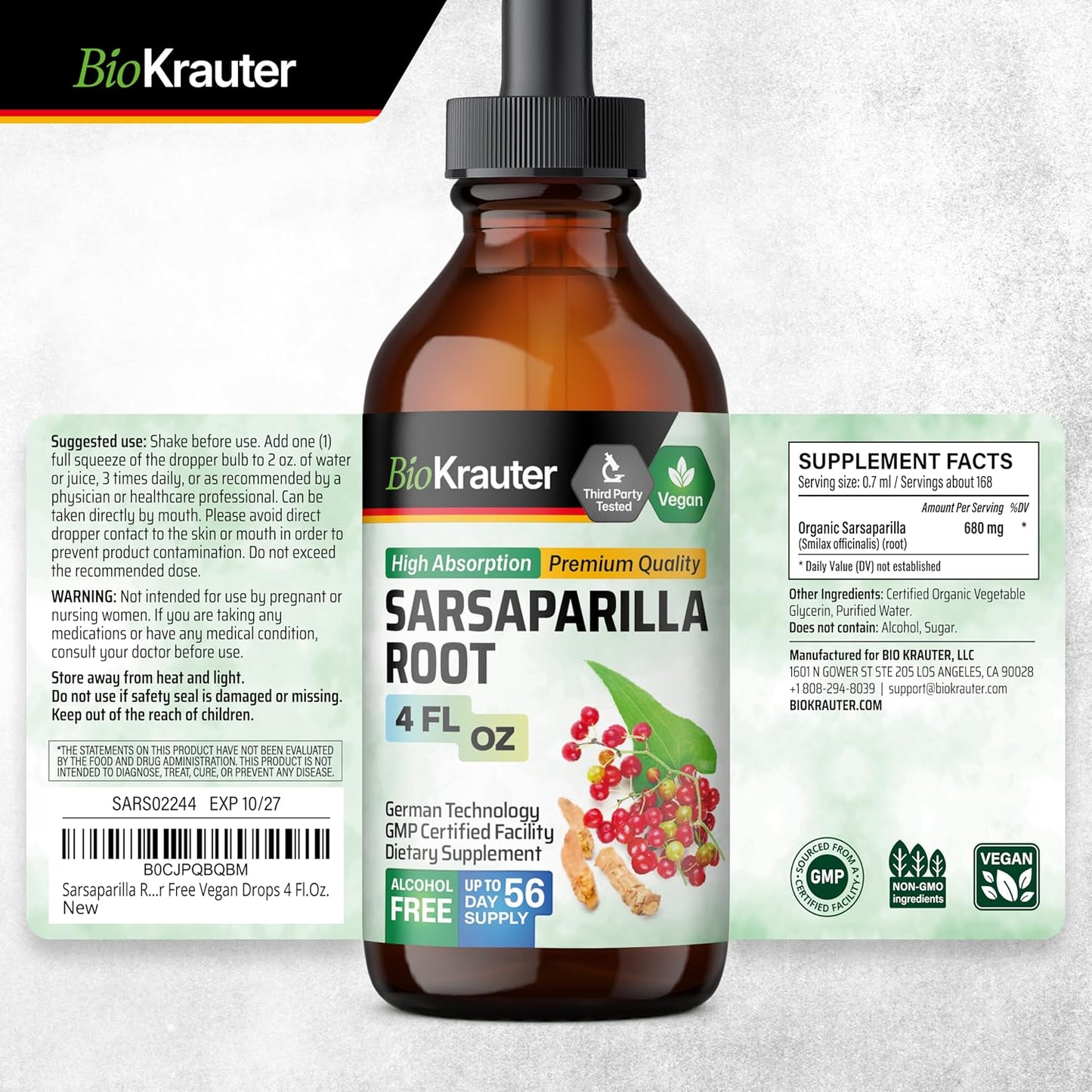 Sarsaparilla Root Tincture - Herbal Liver Support Supplement - Alcohol & Sugar Free Vegan Drops - 4 Fl.Oz.