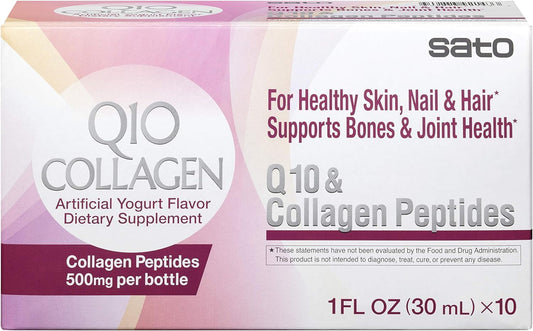 Sato Q10 & Collagen Peptides Supplement for Skin, Nails, Hair, Bones & Joints - 500mg x 10 Bottles - 10 Fl Oz Total - Made in Japan