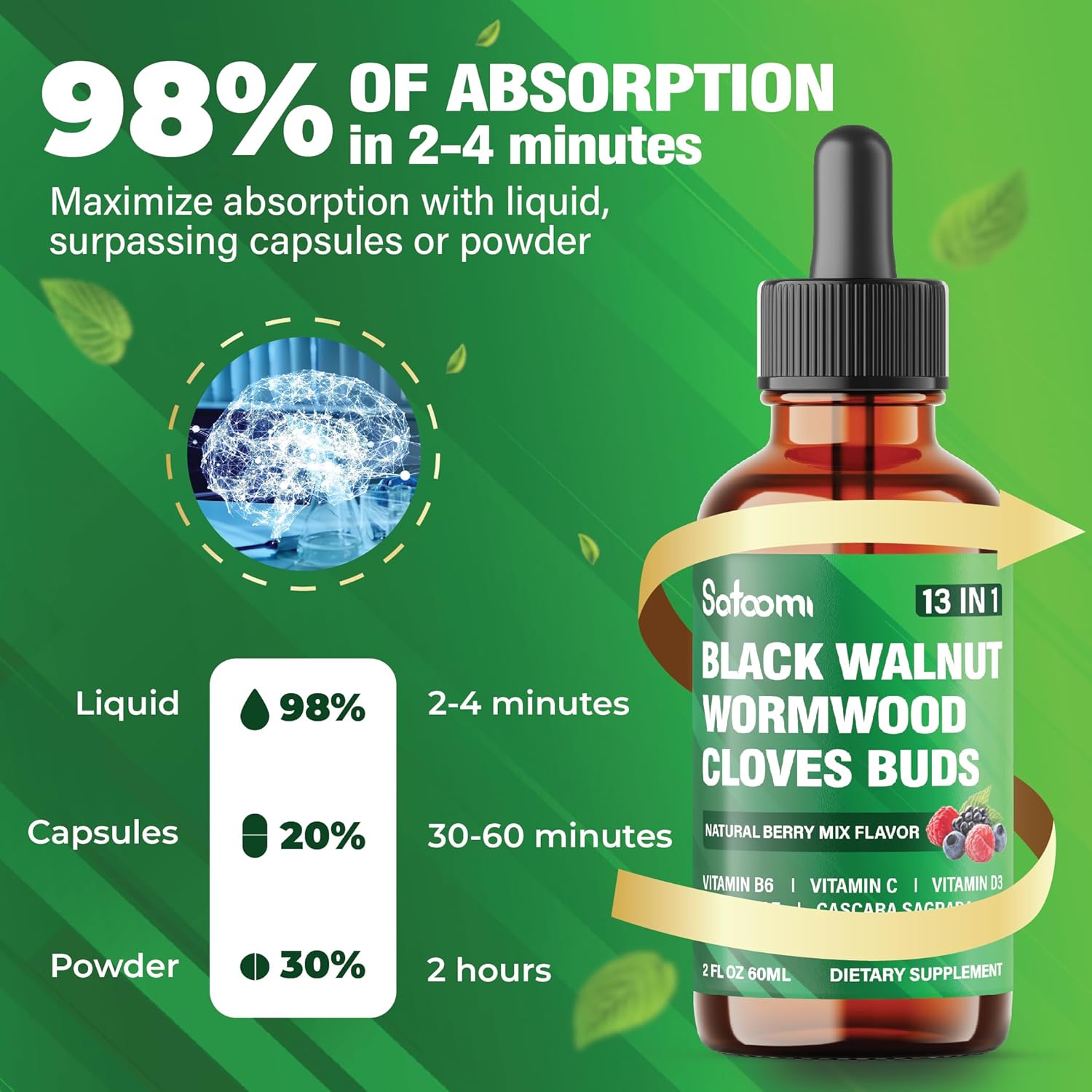 Satoomi 13-in-1 Black Walnut Liquid Drops with Vitamins and Herbs - 2 Fl Oz - Berry Mix Flavor - 60 Day Supply