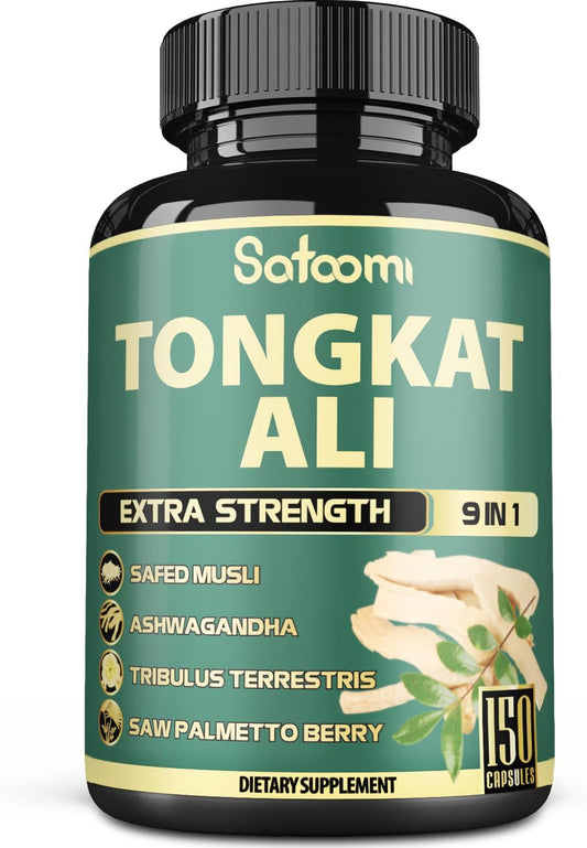Satoomi 9in1 Tongkat Ali Root Extract 200:1 Capsules - Ashwagandha and Tribulus Terrestris Blend for Strength and Energy - 150 Capsules for 5 Months Supply