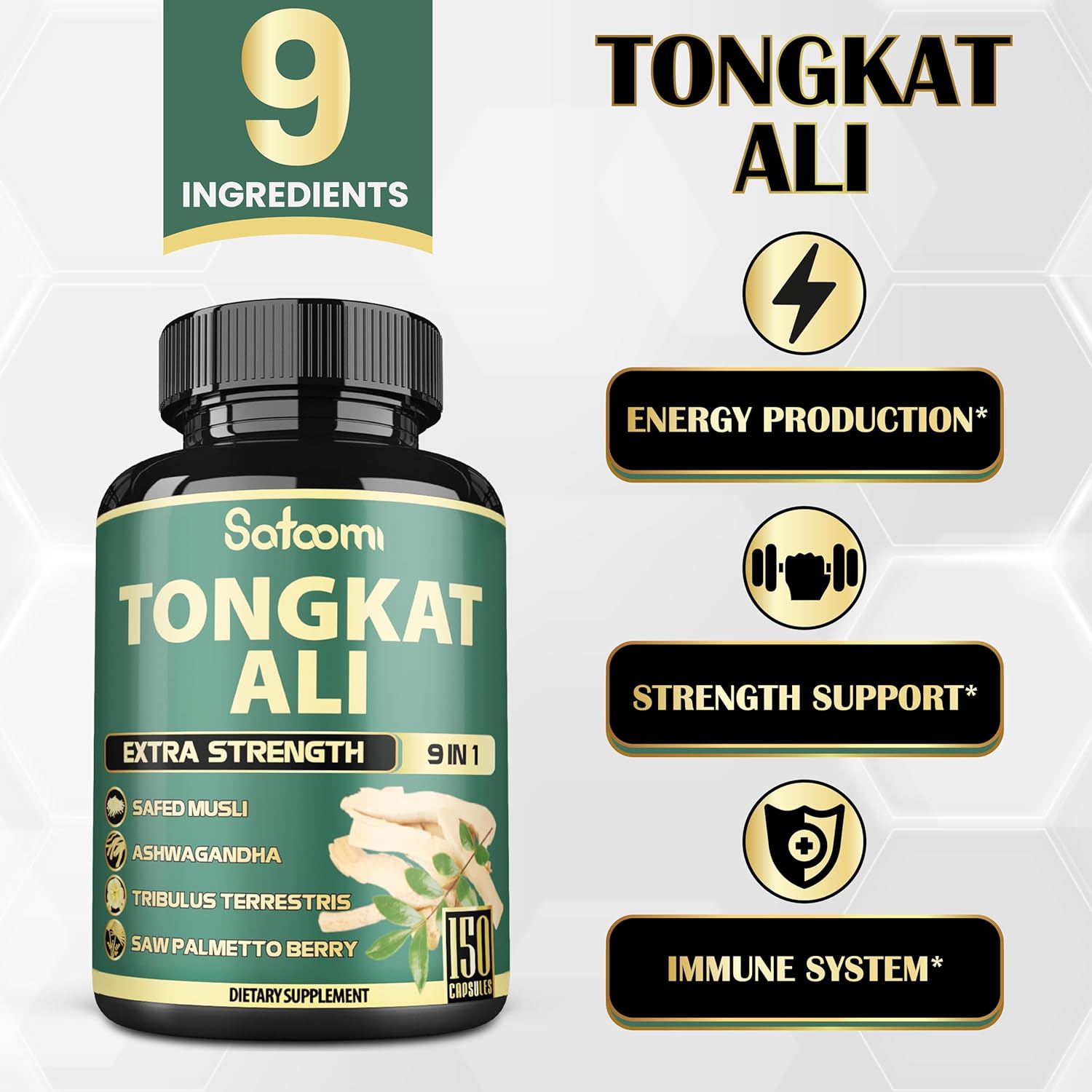 Satoomi 9in1 Tongkat Ali Root Extract 200:1 Capsules - Ashwagandha and Tribulus Terrestris Blend for Strength and Energy - 150 Capsules for 5 Months Supply