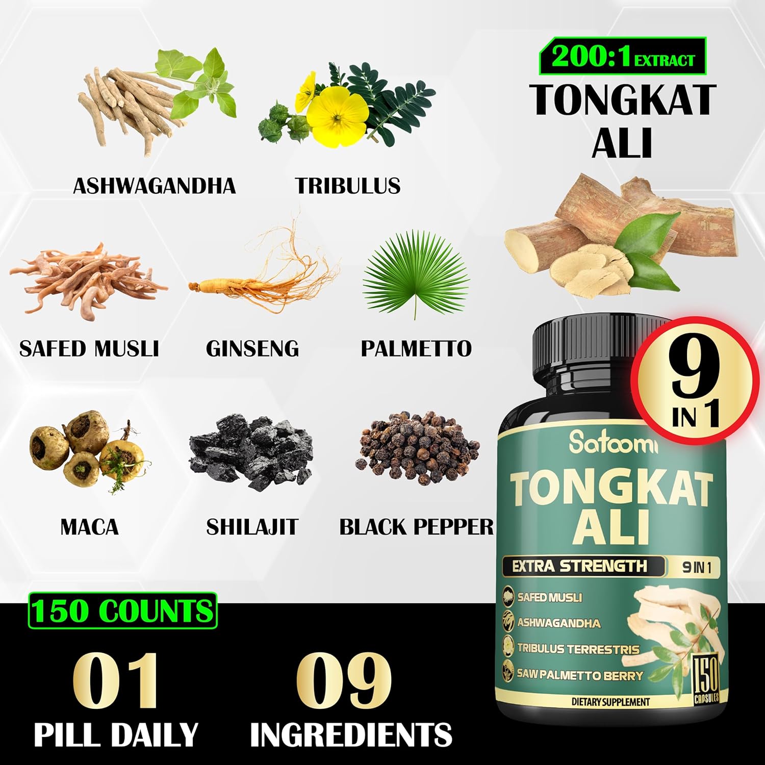 Satoomi 9in1 Tongkat Ali Root Extract 200:1 Capsules - Ashwagandha and Tribulus Terrestris Blend for Strength and Energy - 150 Capsules for 5 Months Supply