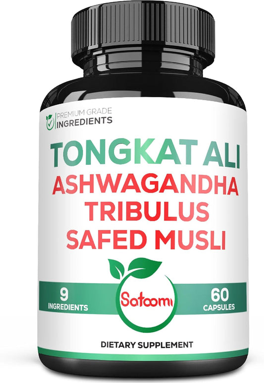 Satoomi Tongkat Ali Root Extract 200:1 with Ashwagandha & Tribulus Terrestris - Boost Strength, Energy, & Immune System - 60 Vegan Capsules for 2 Months