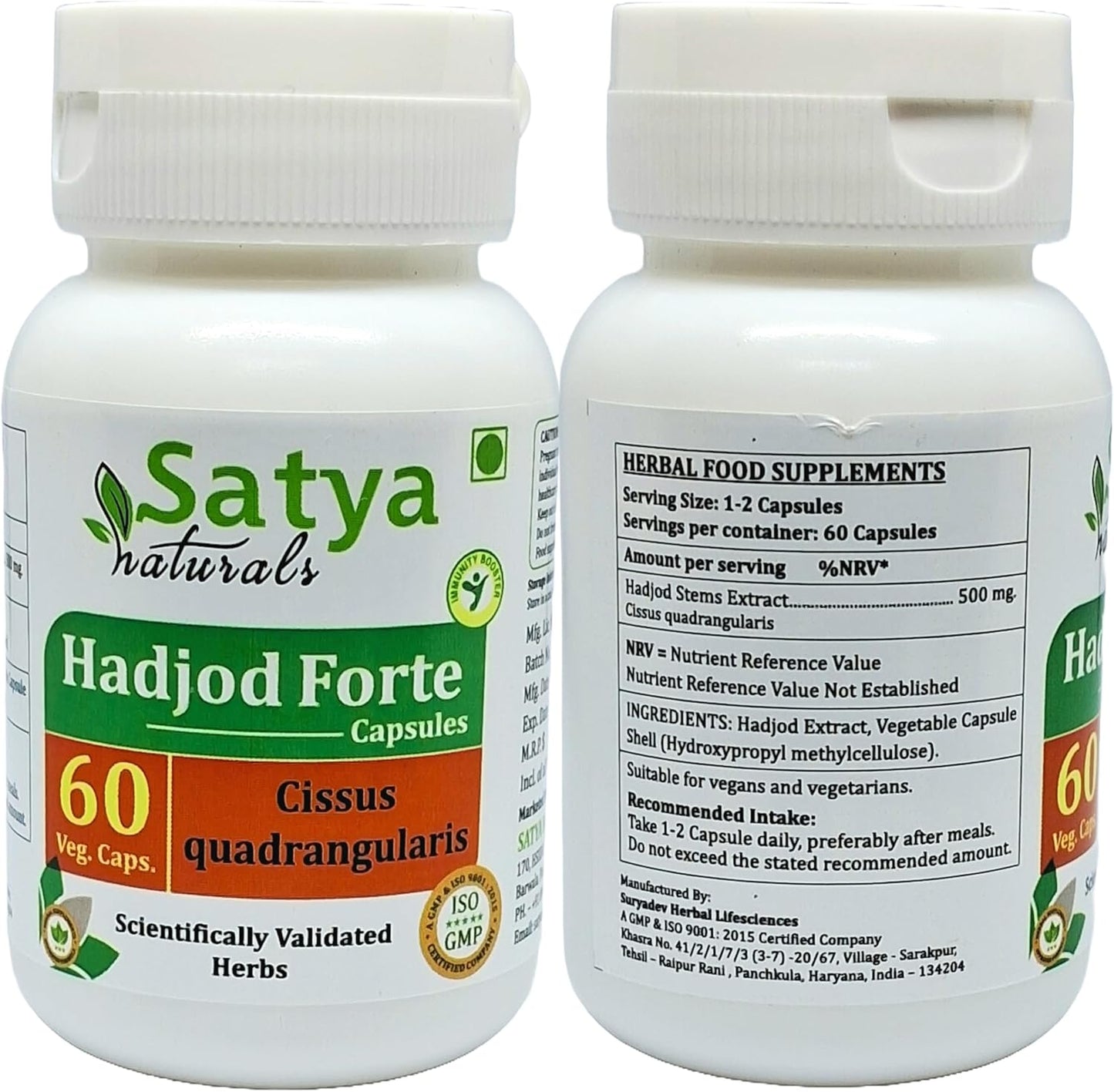 Satya Naturals Hadjod Forte Capsules 500 mg - Ayurvedic Herbal Supplement for Men and Women - 10:1 Extract - 120 Capsules