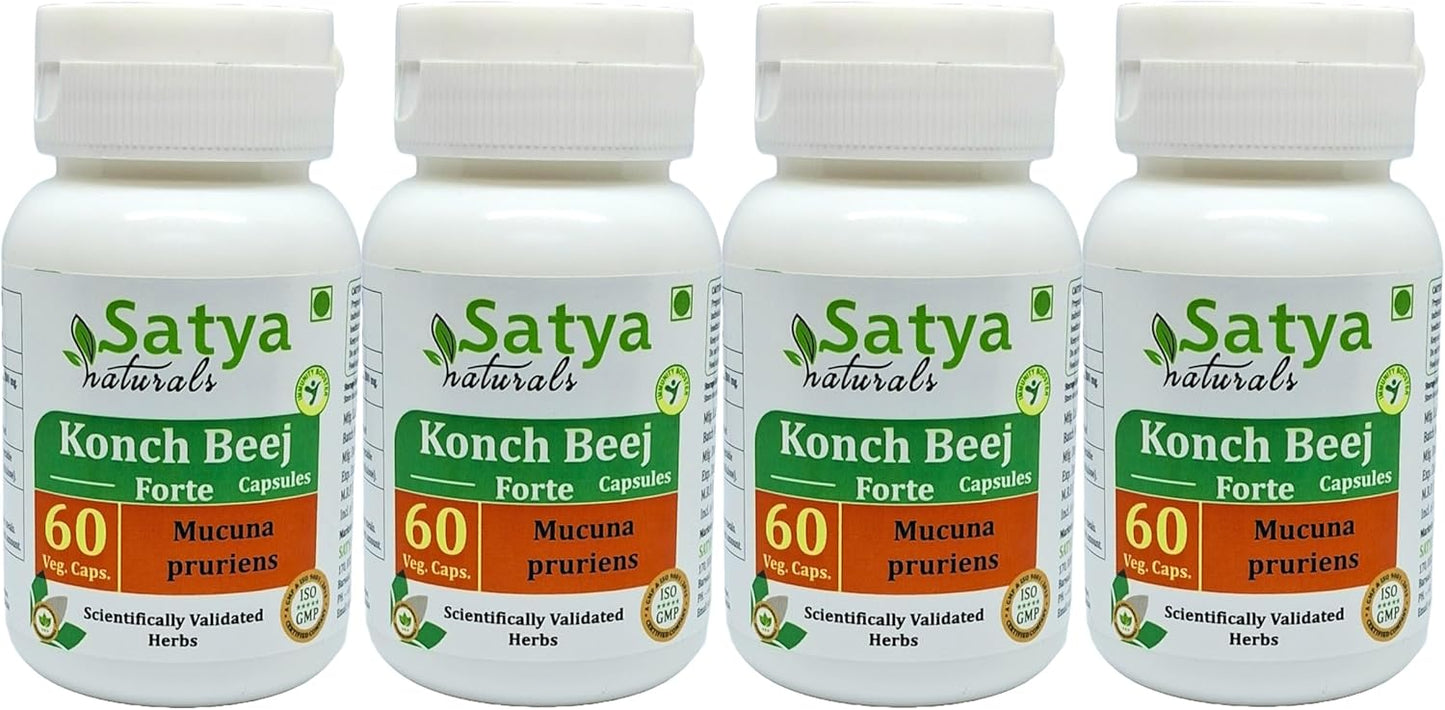 Satya Naturals Konch Beej Extract Capsules 500mg, 240 Veg Caps | Ayurvedic Herbal Supplement for Men & Women | Mucuna Pruriens 10:1 Forte-Pack of 4