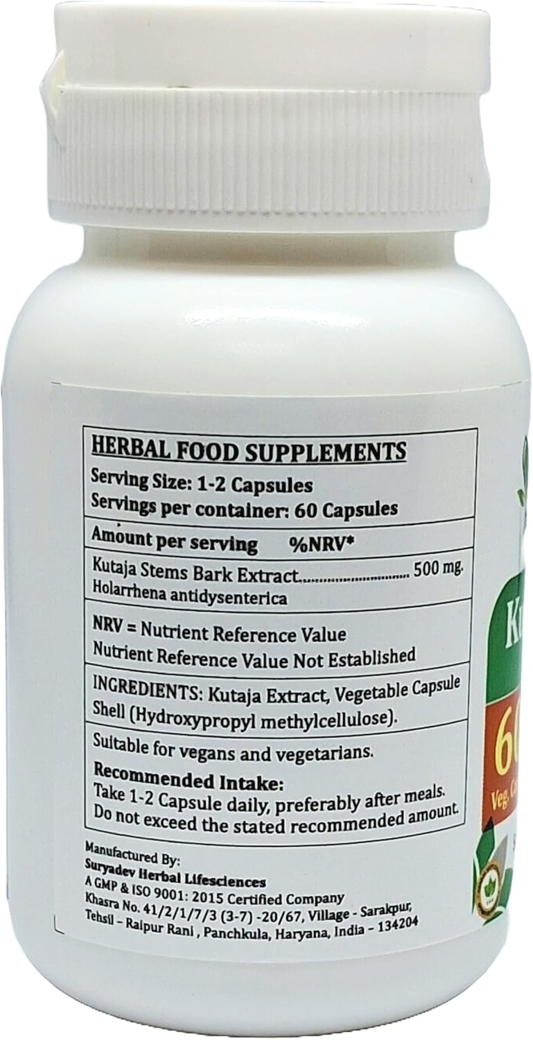 Satya Naturals Kutaja Forte Capsules 500 mg - Holarrhena Antidysenterica Extract Capsules for Men and Women - Ayurvedic Herbal Supplement - 10:1 Forte - 60 Veg Capsules