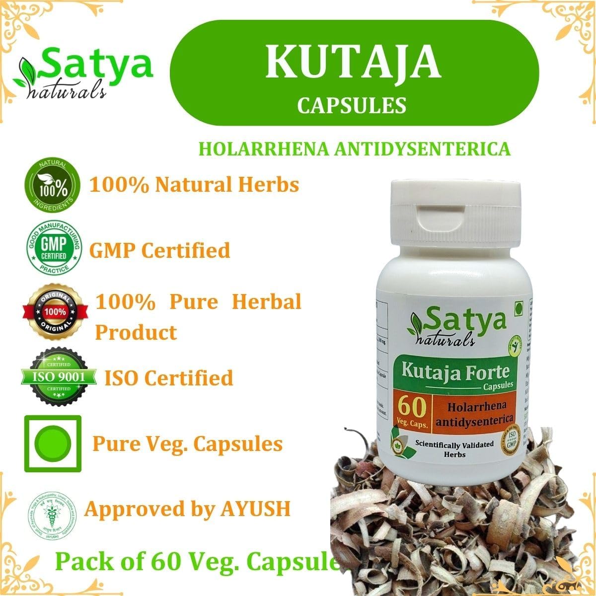 Satya Naturals Kutaja Forte Capsules 500 mg - Holarrhena Antidysenterica Extract Capsules for Men and Women - Ayurvedic Herbal Supplement - 10:1 Forte - 60 Veg Capsules
