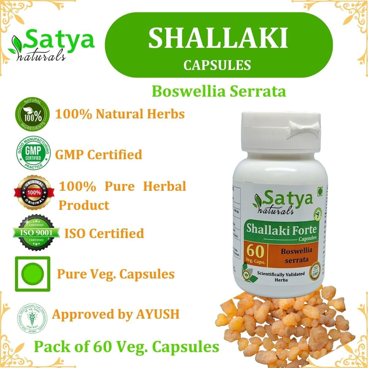 Satya Naturals Shallaki Forte Capsules 500mg - 60 Veg Capsules | Ayurvedic Boswellia Serrata Extract for Men & Women | Herbal Supplement with 10:1 Forte | 1 Bottle of 60 Capsules