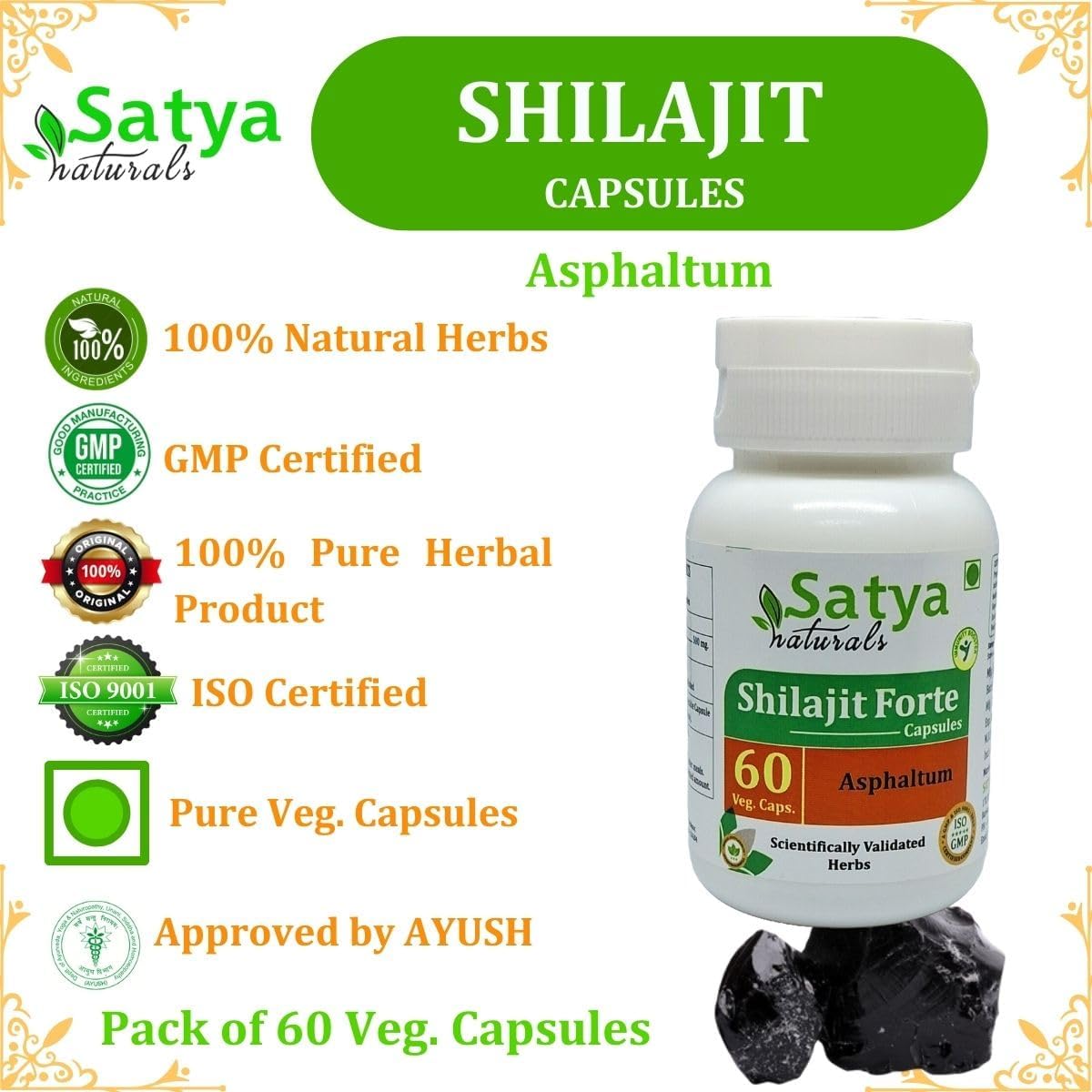 Satya Naturals Shilajit Forte Capsules - 500mg Herbal Supplement for Men and Women - 60 Veg Capsules - Ayurvedic Remedy - 10:1 Extract - 1 Bottle