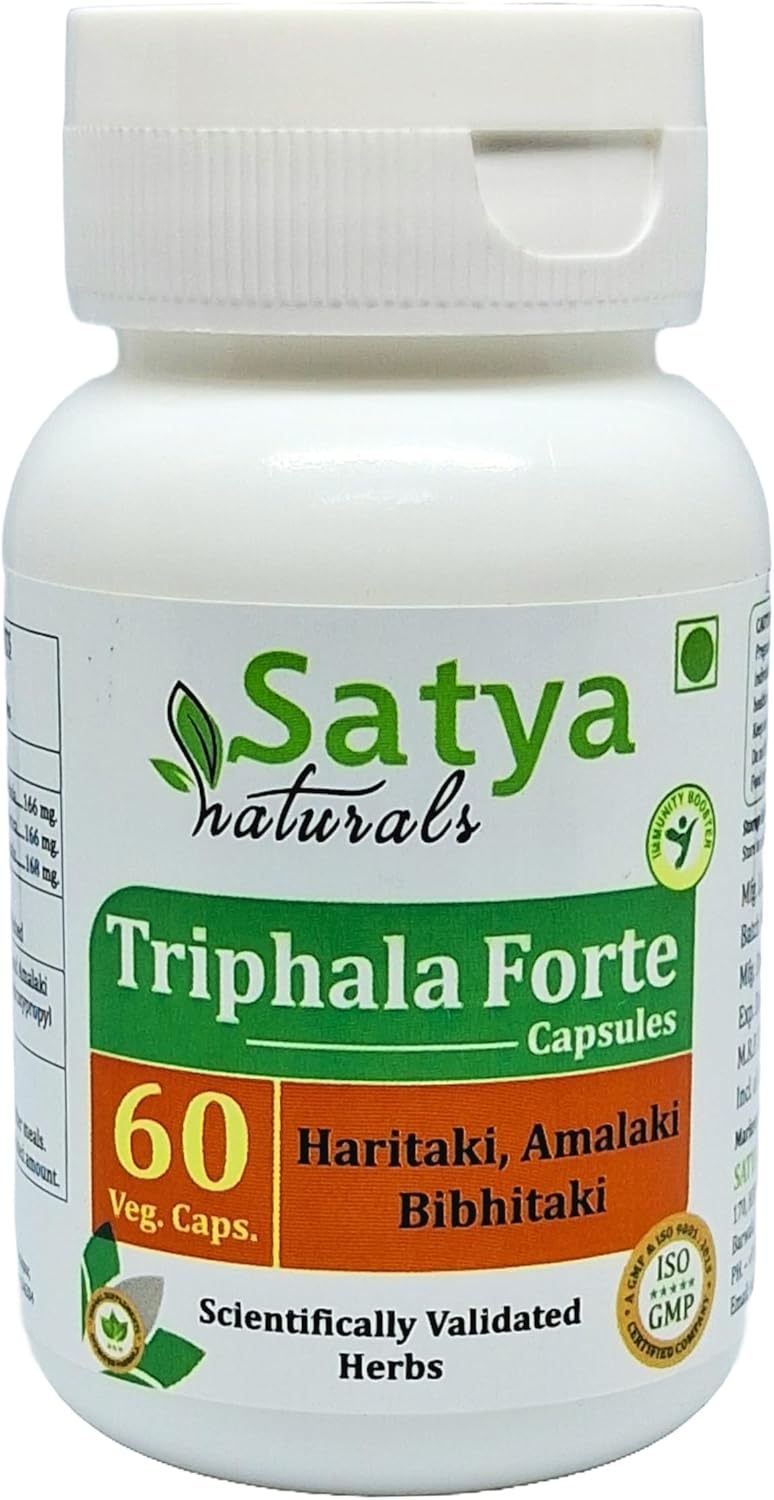 Satya Naturals Triphala Forte Capsules 500 mg - Ayurvedic Herbal Supplement for Men and Women - 60 Veg Capsules - Amalaki, Haritaki, Bibhitaki Extract - 10:1 Forte - 1 Bottle