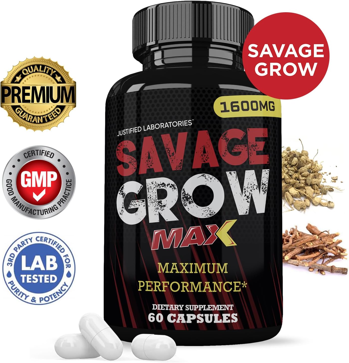 Savage Grow Max 1600MG Advanced Men's Health Formula - 2 Pack of 120 Capsules by Justified Laboratories