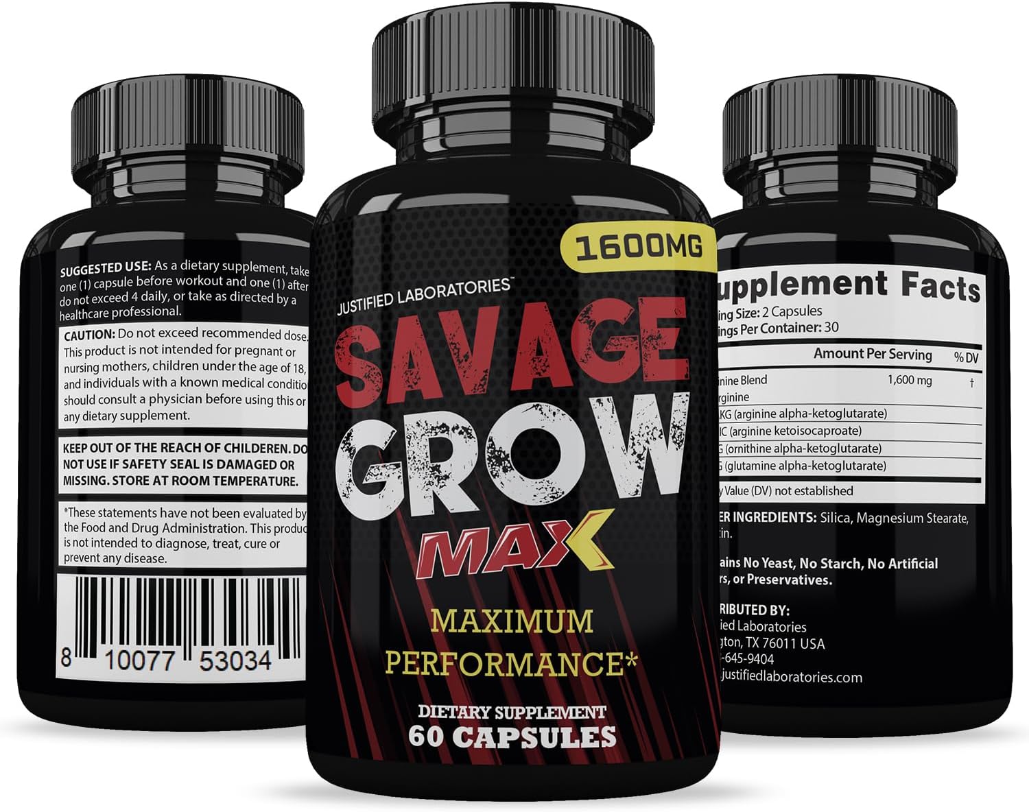 Savage Grow Max 1600MG Advanced Men's Health Formula - 2 Pack of 120 Capsules by Justified Laboratories