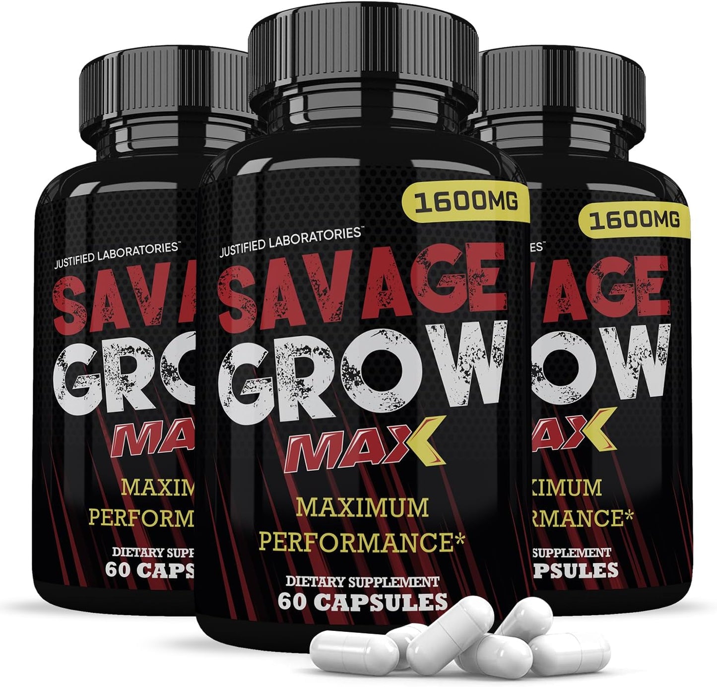 Savage Grow Max 1600MG Men's Health Formula 180 Capsules - 3 Pack by Justified Laboratories