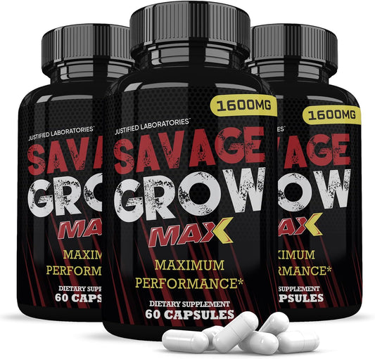 Savage Grow Max 1600MG Men's Health Formula 180 Capsules - 3 Pack by Justified Laboratories
