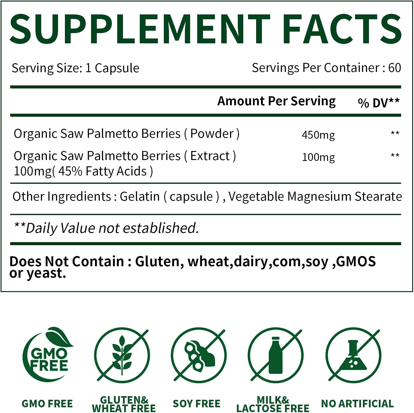 Saw Palmetto Extract Capsules for Men's Prostate Health, Herbal Supplement for Urinary Function, 60 Capsules, 450mg Powder + 100mg Extract