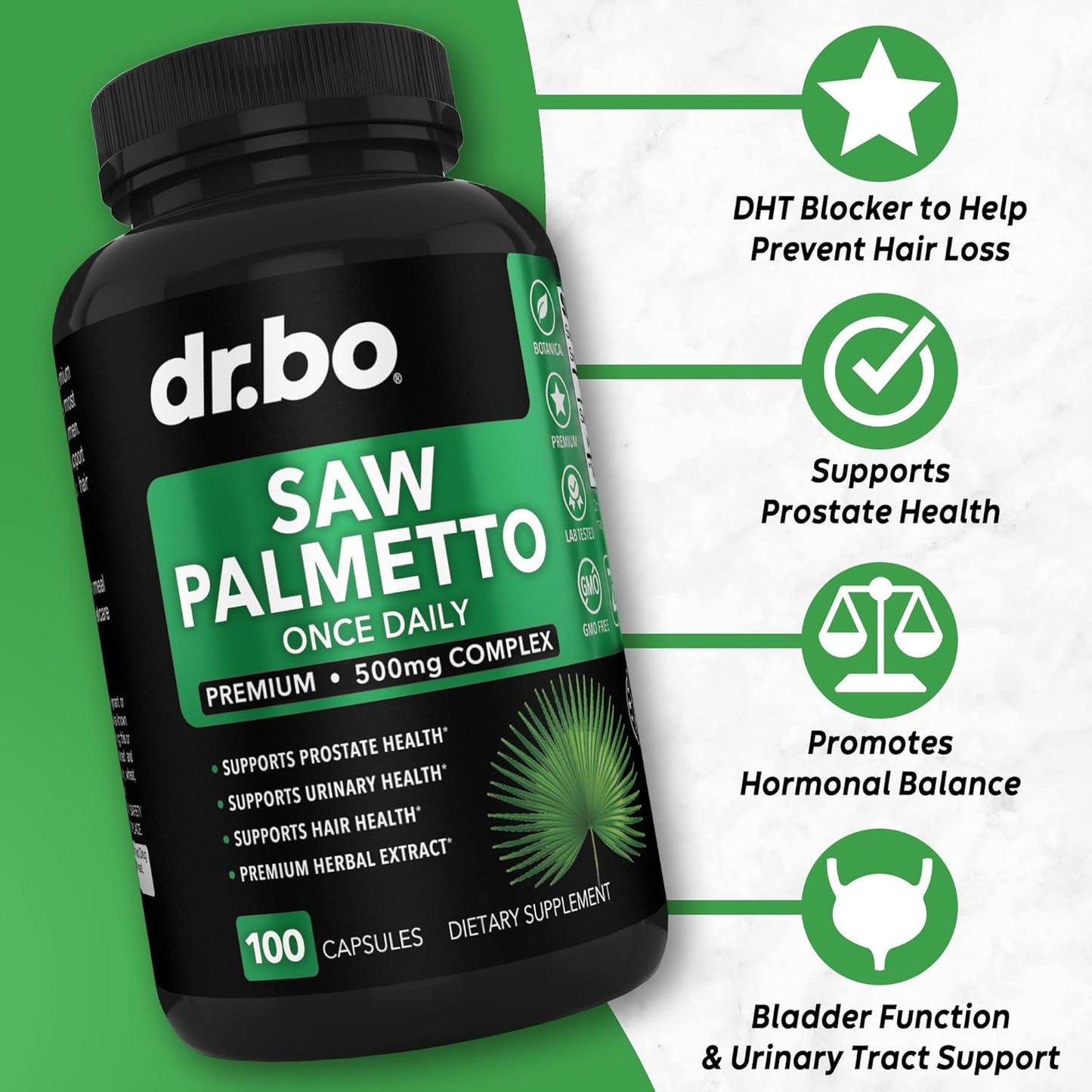 Saw Palmetto Hair Loss Supplement for Men and Women - DHT Blocker for Hair Growth and Prostate Health - Bladder Support Capsules