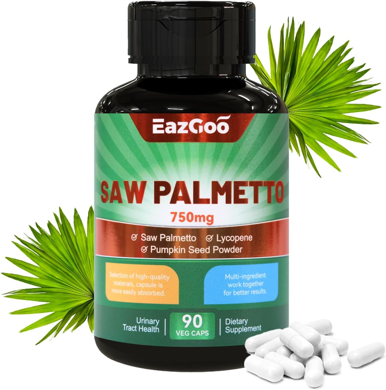 Saw Palmetto Supplement 750mg with Lycopene & Pumpkin Seed Powder - 90 Capsules for Men and Women - Non-GMO, Gluten Free & Vegan