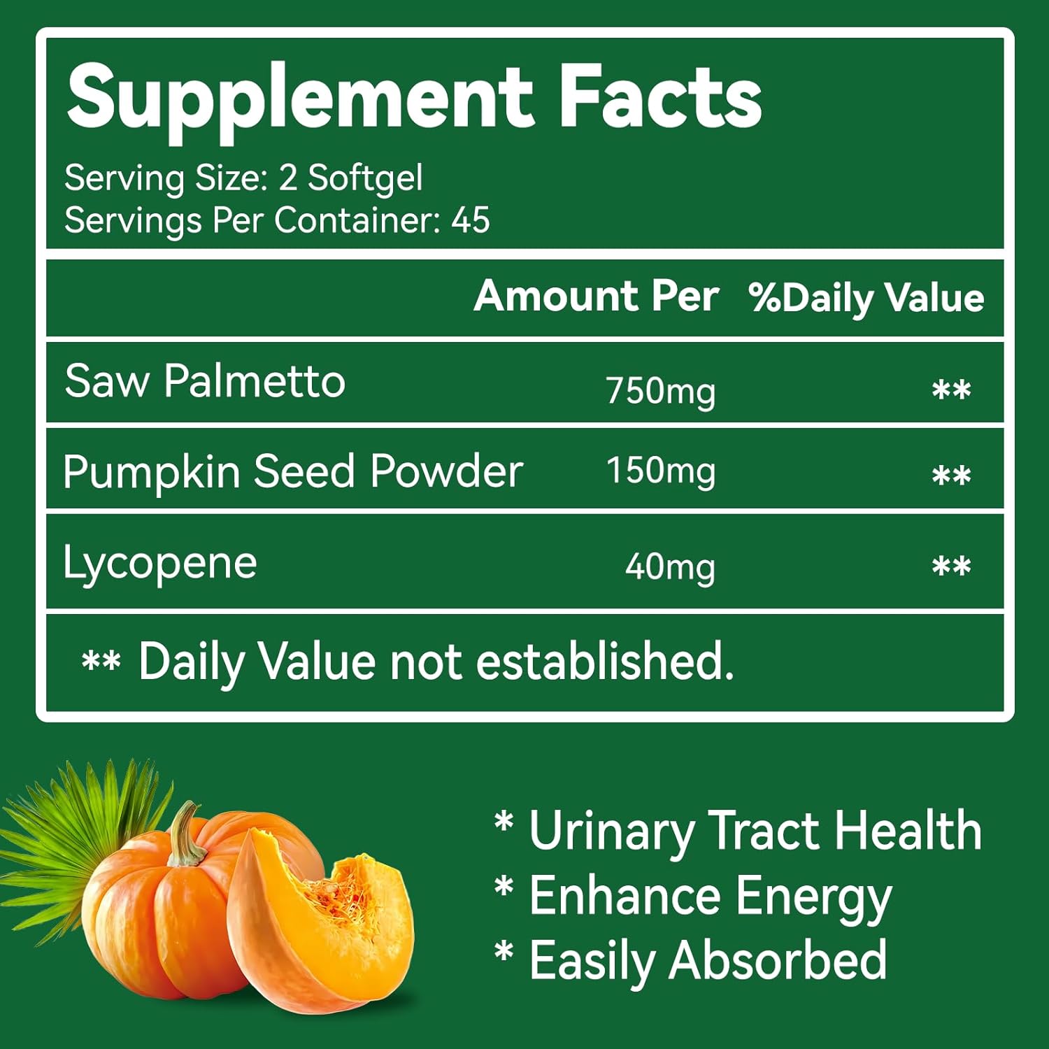 Saw Palmetto Supplement 750mg with Lycopene & Pumpkin Seed Powder - 90 Capsules for Men and Women - Non-GMO, Gluten Free & Vegan
