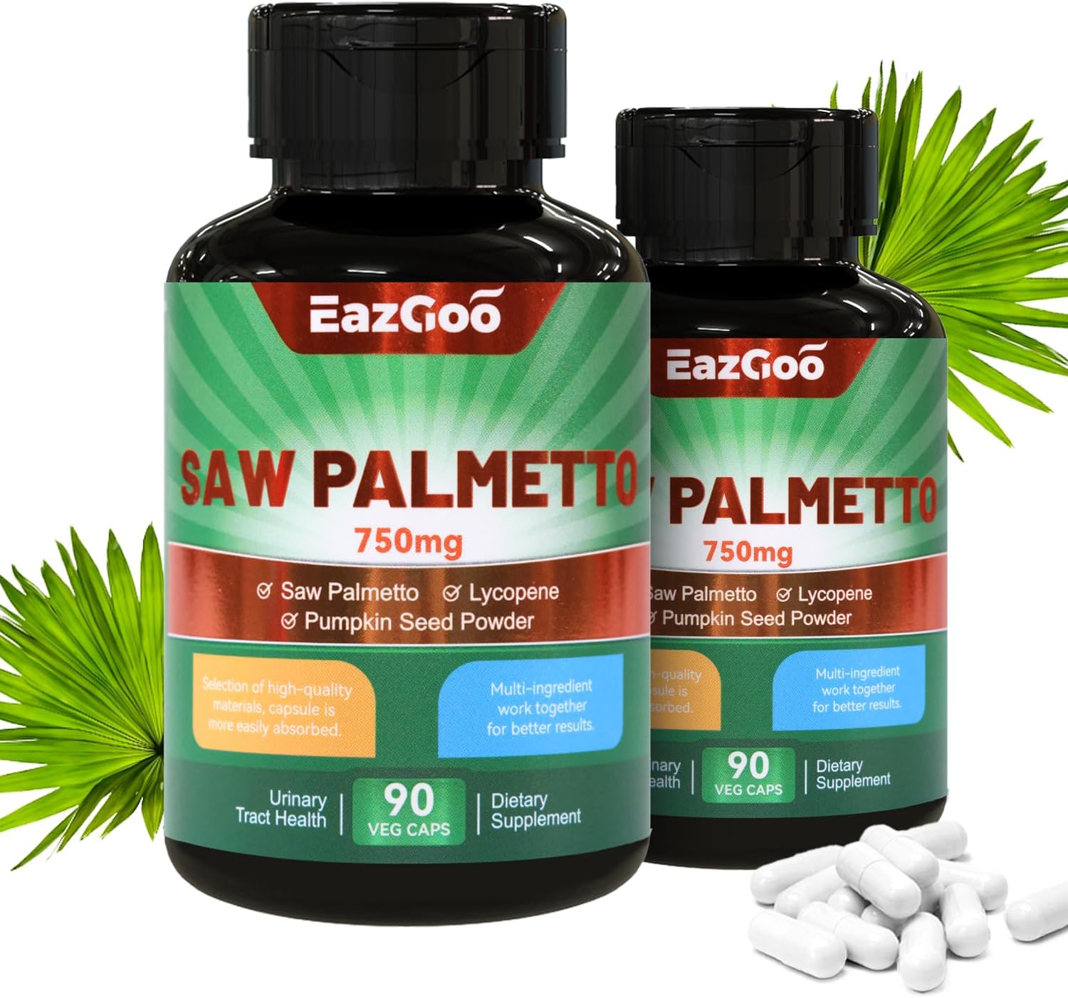 Saw Palmetto Supplement with Lycopene & Pumpkin Seed Powder for Men & Women - 90 Capsules (Pack of 2) - Non-GMO, Gluten-Free, Vegan - 750mg Extract