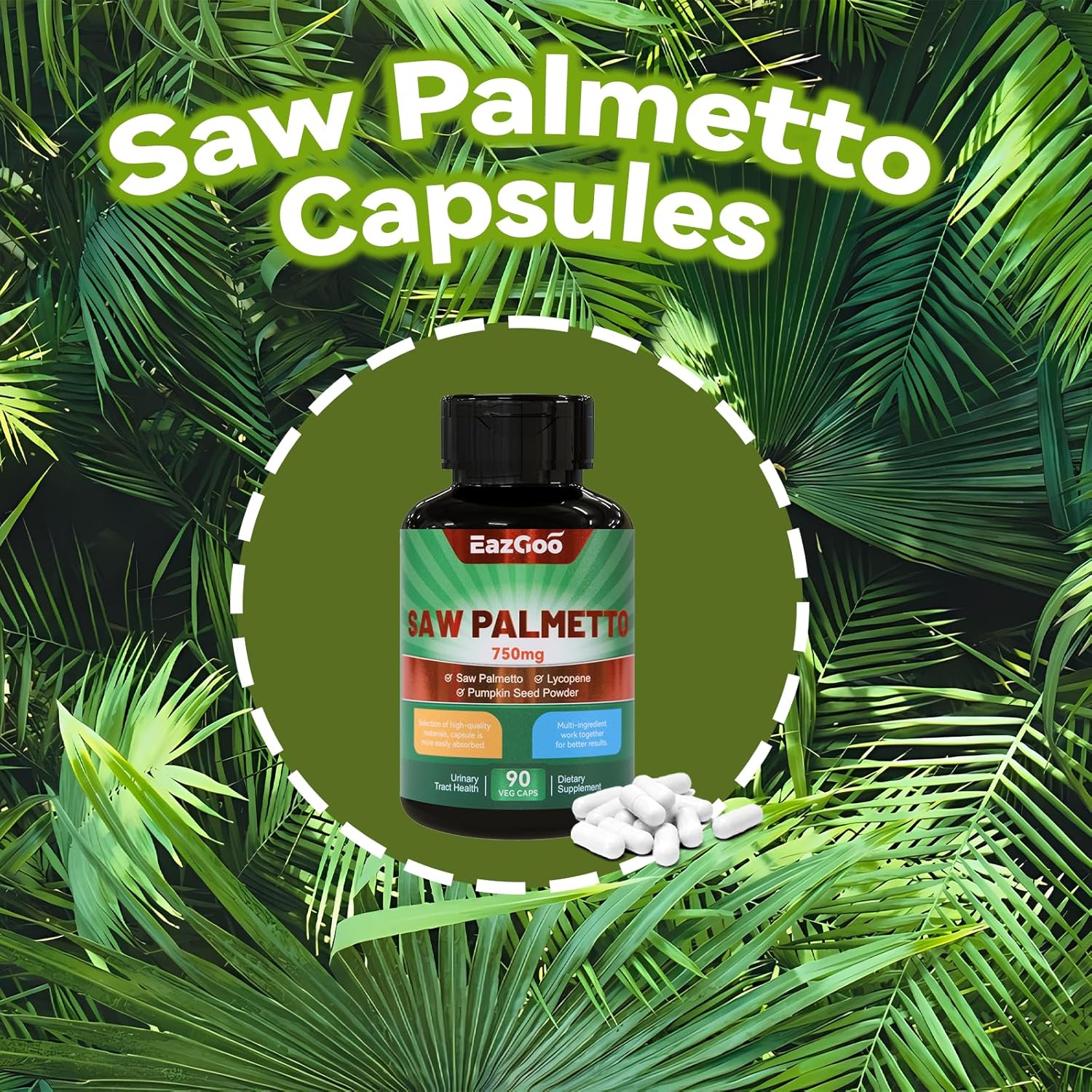 Saw Palmetto Supplement with Lycopene & Pumpkin Seed Powder for Men & Women - 90 Capsules (Pack of 2) - Non-GMO, Gluten-Free, Vegan - 750mg Extract