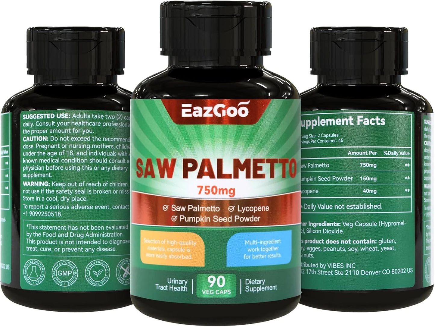 Saw Palmetto Supplement with Lycopene & Pumpkin Seed Powder for Men & Women - 90 Capsules (Pack of 2) - Non-GMO, Gluten-Free, Vegan - 750mg Extract