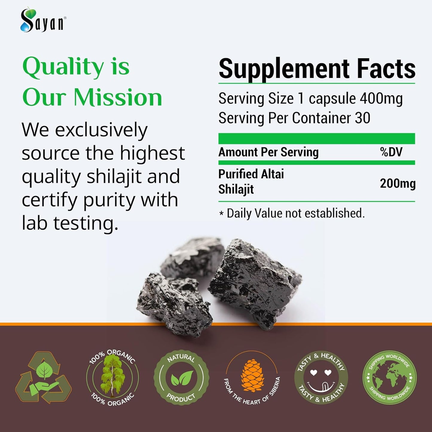 Sayan High-Potency 100% Pure Shilajit Tablets with 12,000mg Supplement - 60 Tablets, 85+ Trace Minerals - Lab-Tested for Purity - 1-2 Month Supply