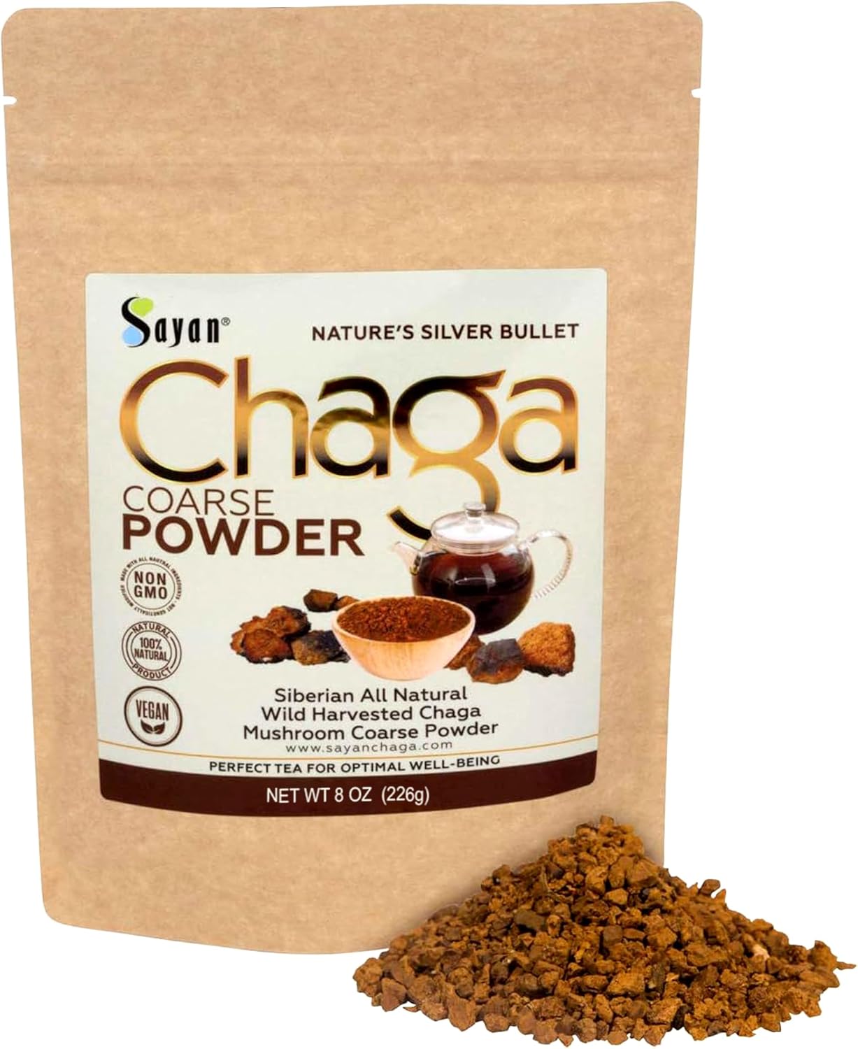 Sayan Siberian Wild Harvested Chaga Powder 8 Oz - Premium Antioxidant Tea for Immune System & Digestive Health - Non-GMO