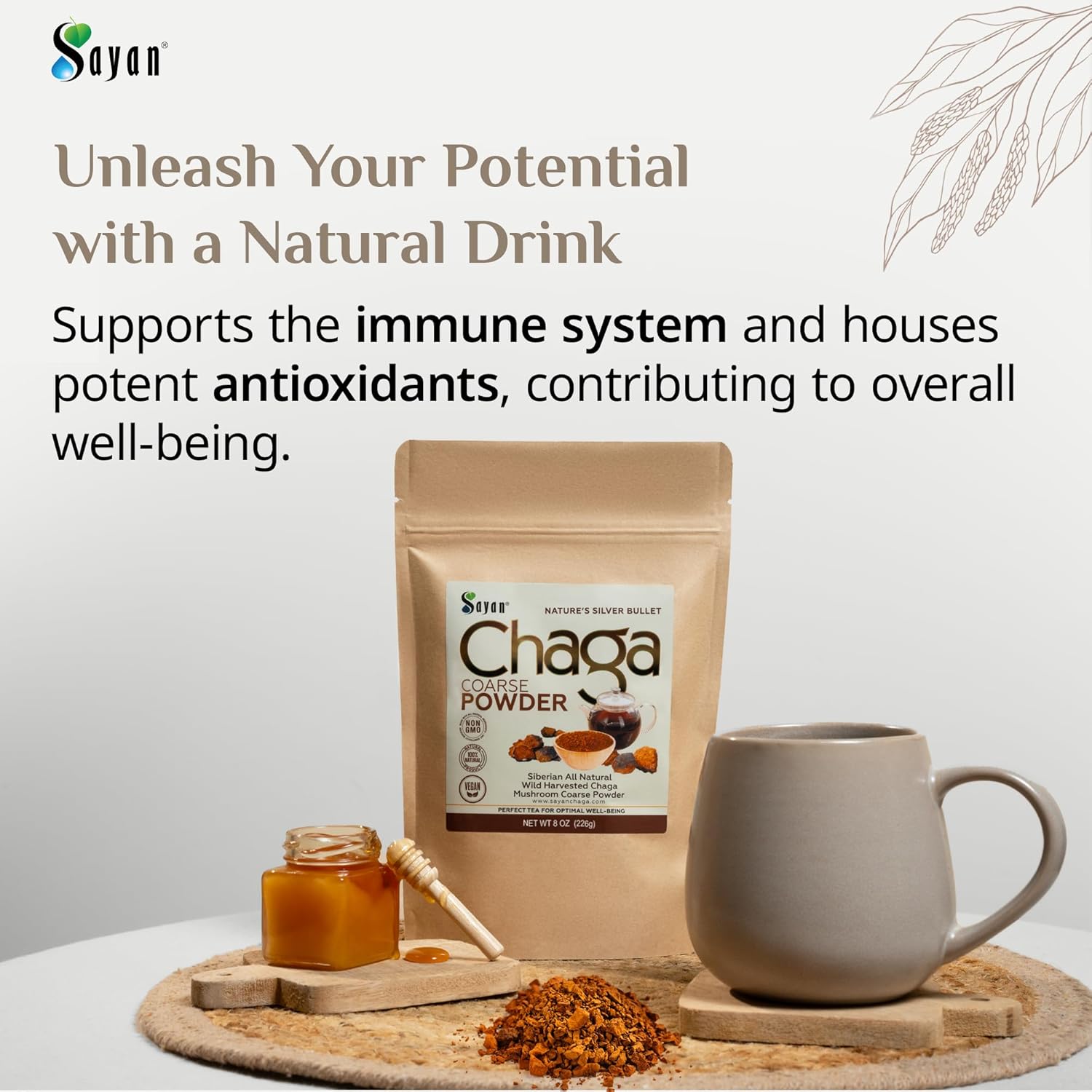 Sayan Siberian Wild Harvested Chaga Powder 8 Oz - Premium Antioxidant Tea for Immune System & Digestive Health - Non-GMO