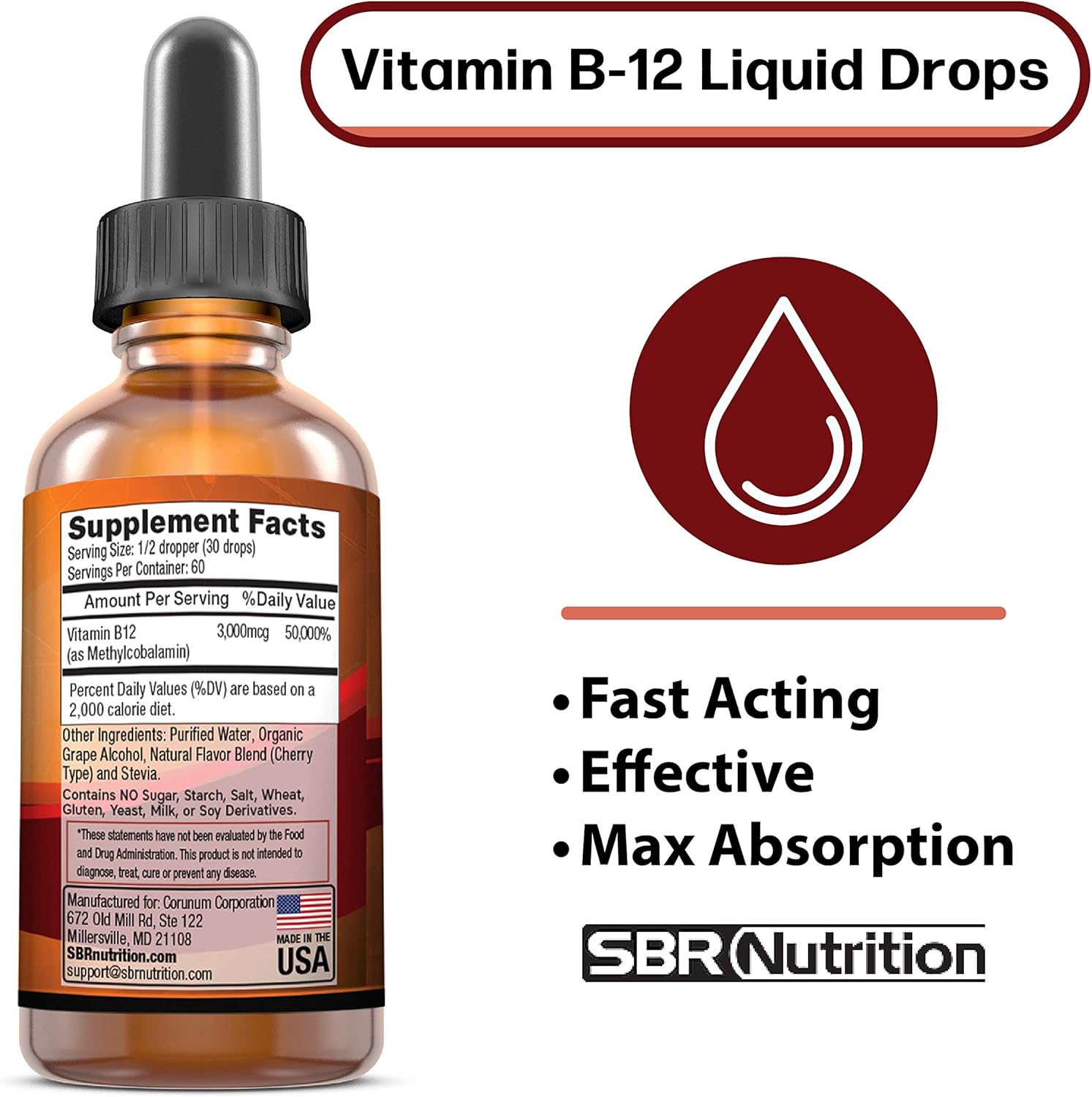 SBR Nutrition Vitamin B12 Liquid Drops - Methylcobalamin, 3000mcg, Energy Support, High Absorption, 60 Servings, Non-GMO, Vegan, USA Made