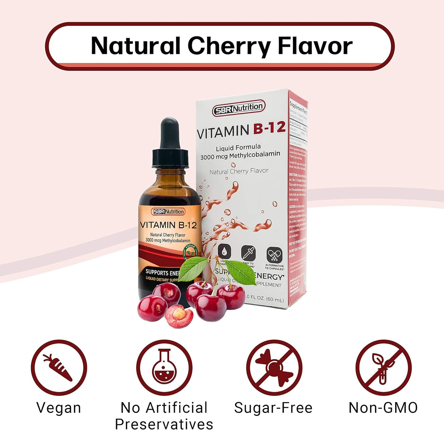 SBR Nutrition Vitamin B12 Liquid Drops - Methylcobalamin, 3000mcg, Energy Support, High Absorption, 60 Servings, Non-GMO, Vegan, USA Made