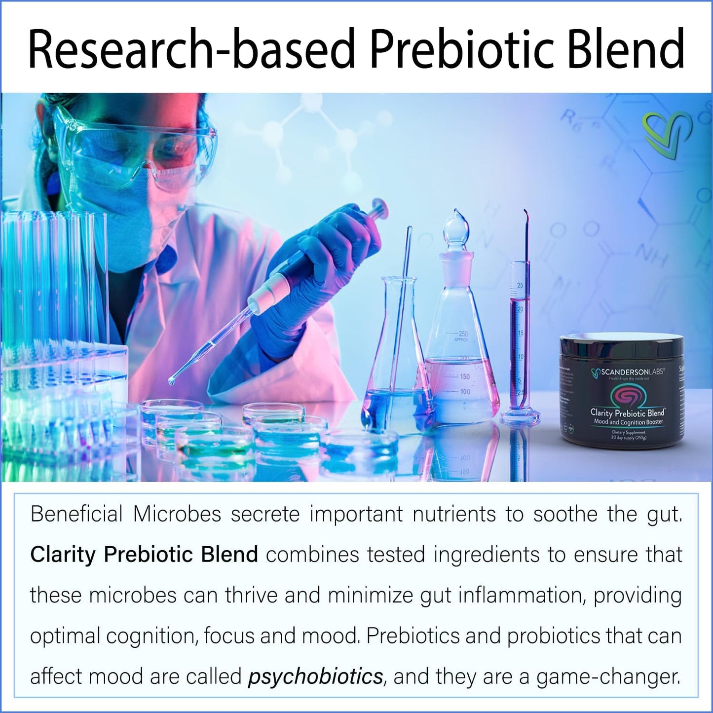 Scanderson Labs Clarity Prebiotic Blend - Gut and Mood Optimization, Vegan, Soy-Free, Gluten-Free, Non-GMO - 30-Day Supply - Easy to Use