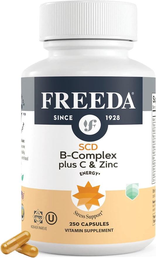 SCD Legal Vitamin B Complex with Vitamin C, Zinc - 250 Vegetarian Capsules - Daily Health Support for SCD Diet Followers