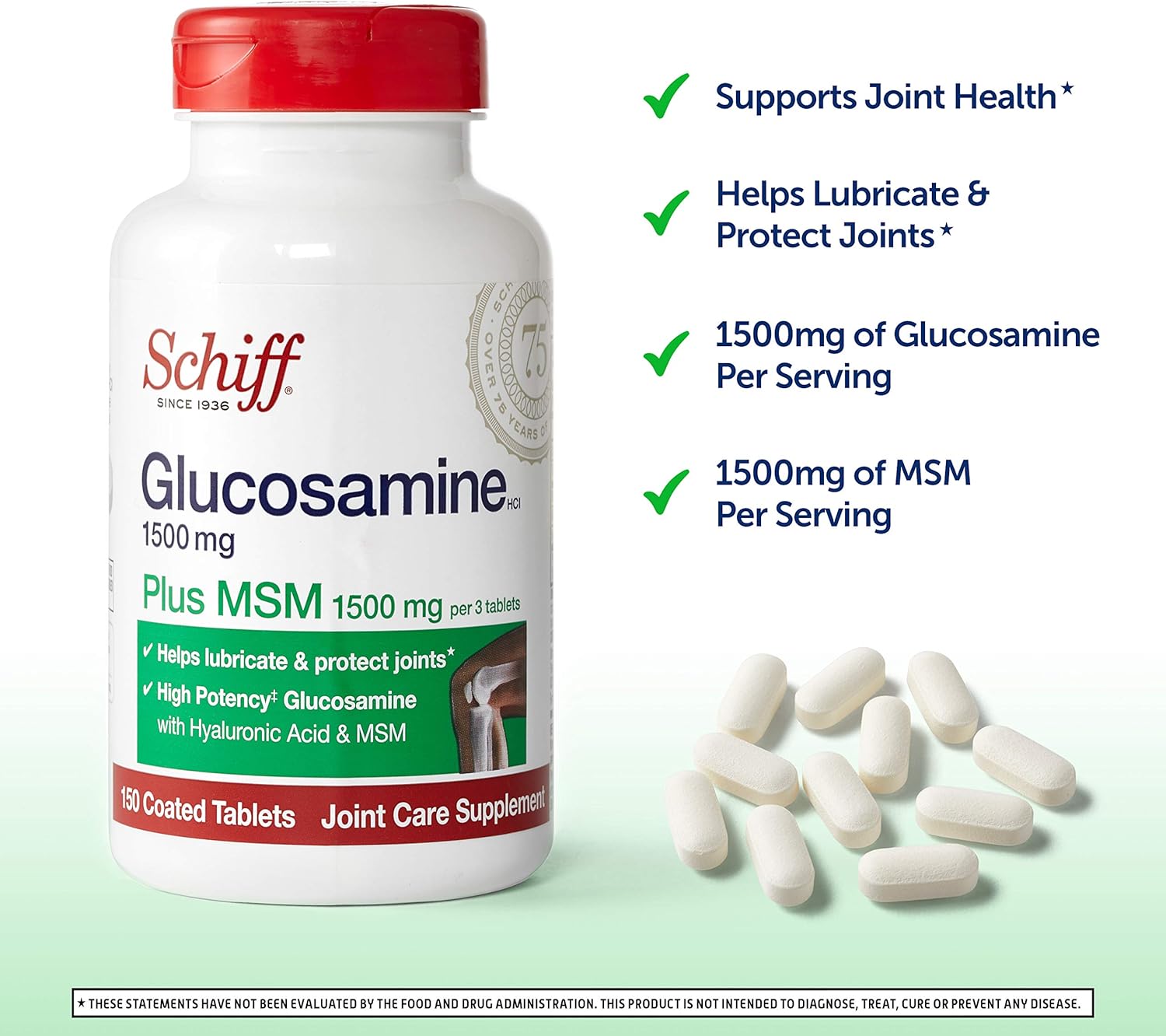 Schiff Glucosamine 1500mg Plus MSM, Hyaluronic Acid Joint Supplement - 750 Tablets Pack