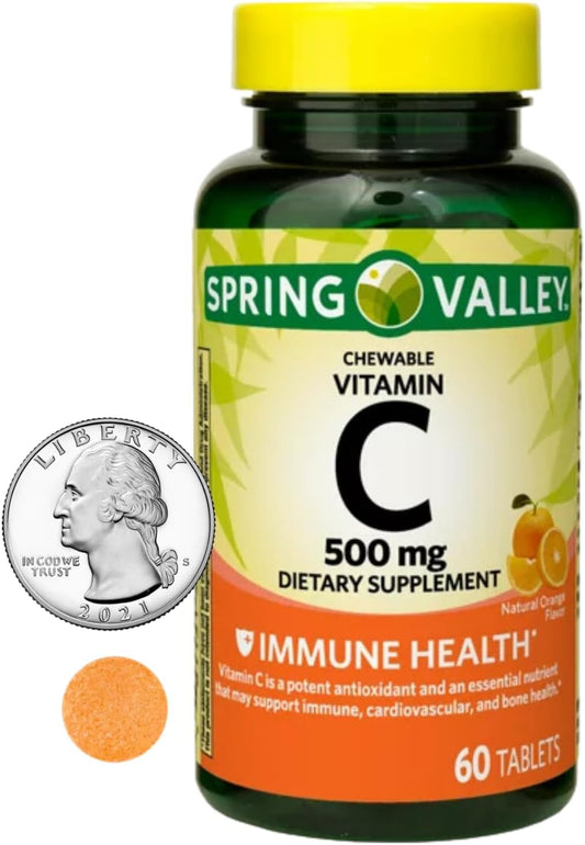 Schmidt Empire Spring Valley Orange Chewable Vitamin C Tablets 500mg - Immune Health Supplement, 60 Count