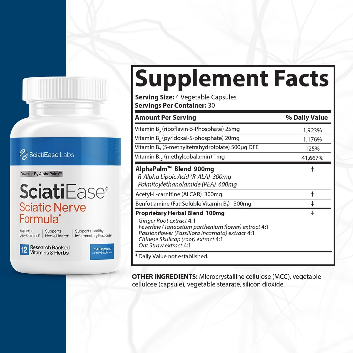 SciatiEase Supplement for Sciatic Nerve Health - Nerve Support Formula with AlphaPalm, Pea, Vitamin B Complex, Alpha Lipoic Acid - 120 Capsules