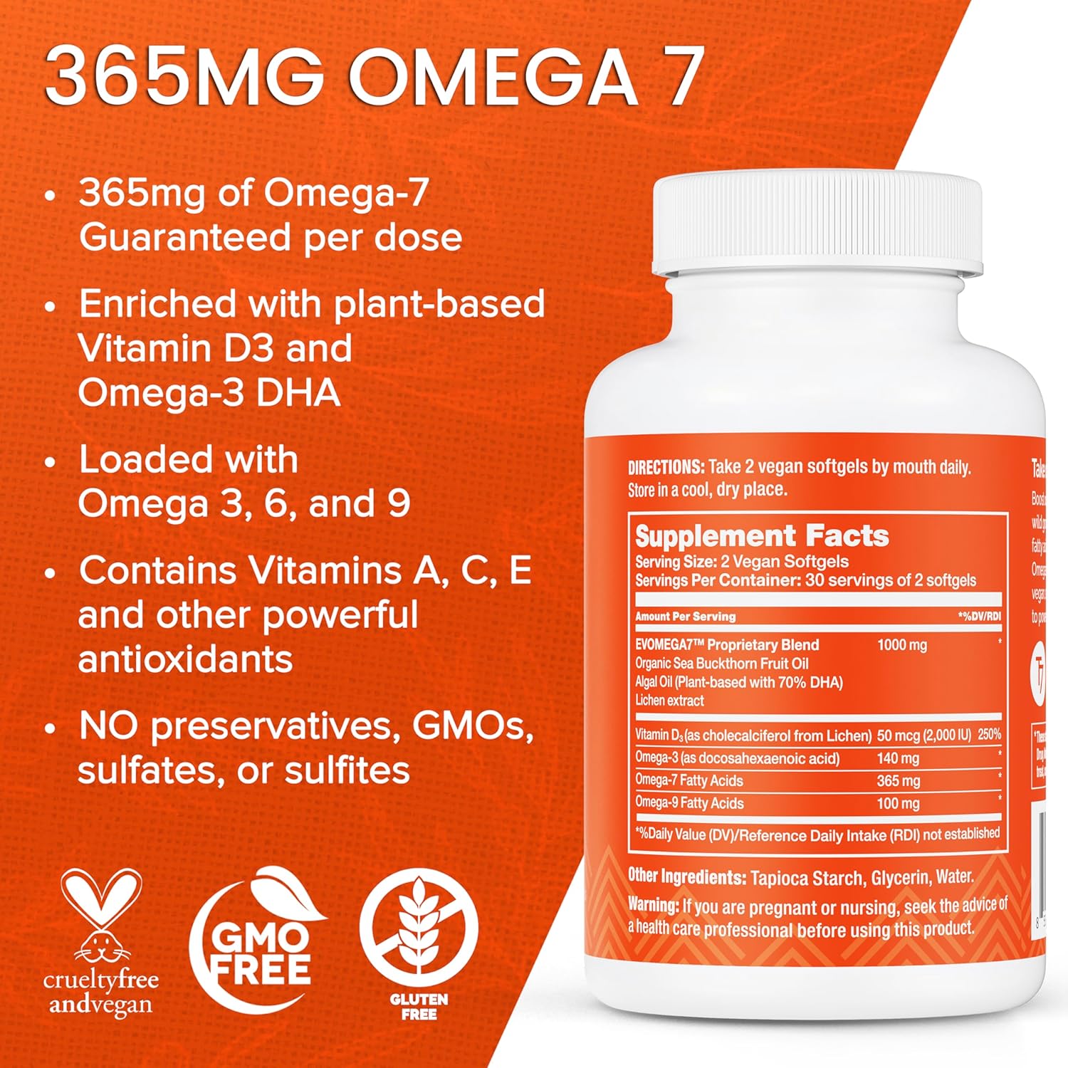 Sea Buckthorn Oil & Plant-Based Vitamin D3 Softgels - Omega-7, Omega-3 DHA (60ct)