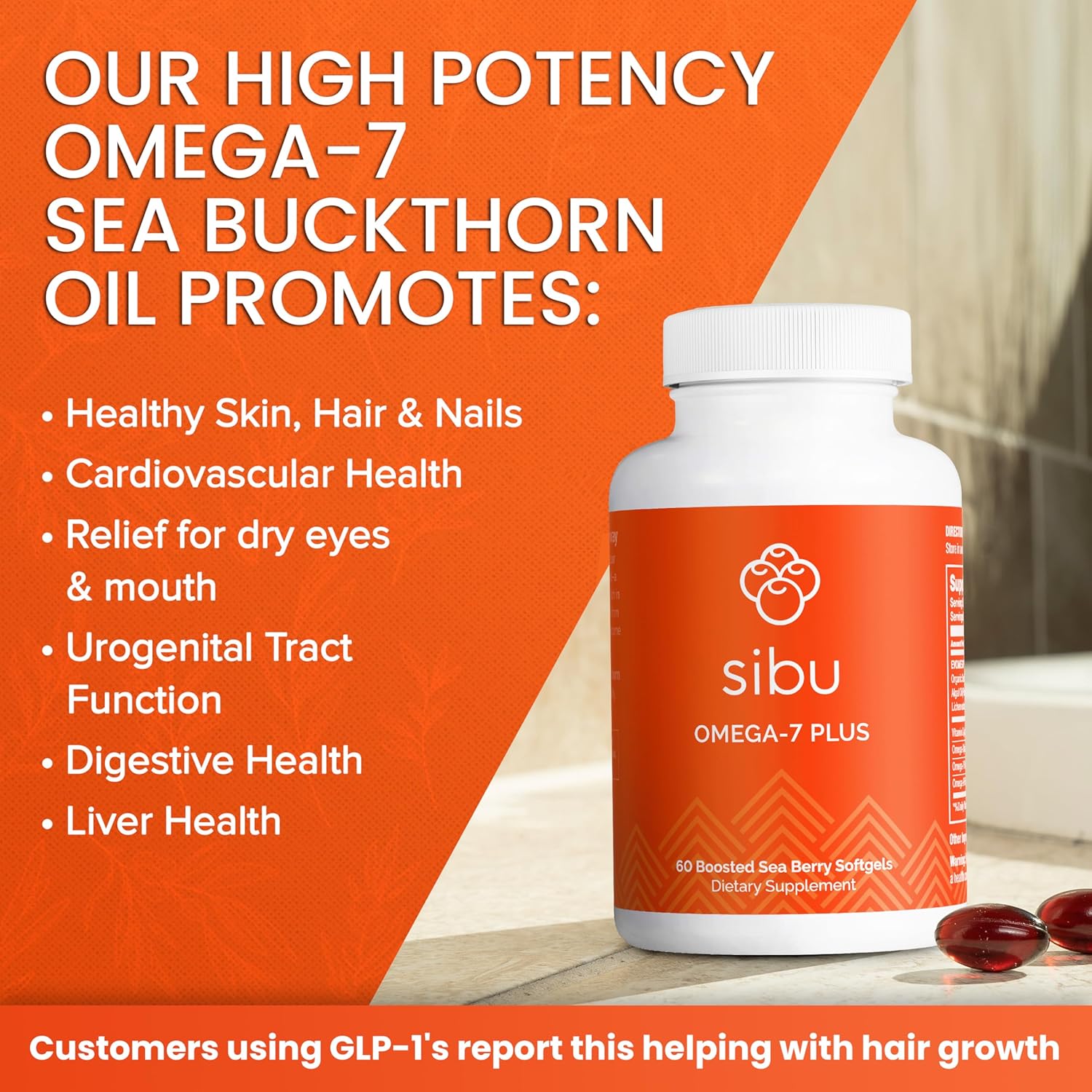 Sea Buckthorn Oil & Plant-Based Vitamin D3 Softgels - Omega-7, Omega-3 DHA (60ct)