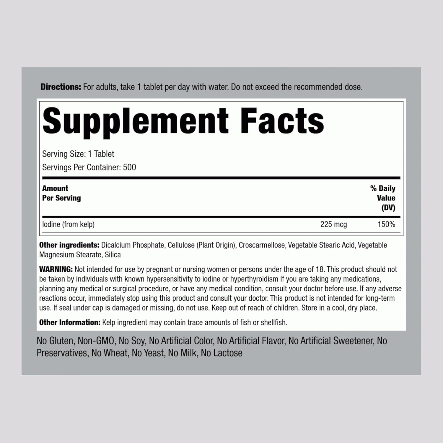 Sea Kelp Supplements 225mcg 500 Tablets Non-GMO Gluten Free by Piping Rock