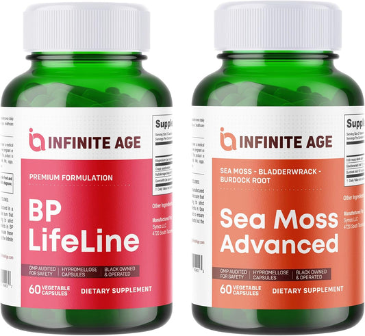Sea Moss Advanced 1250mg + BP Lifeline Heart Health Support Supplement 1030mg Bundle - Made in USA for Infinite Age Wellness