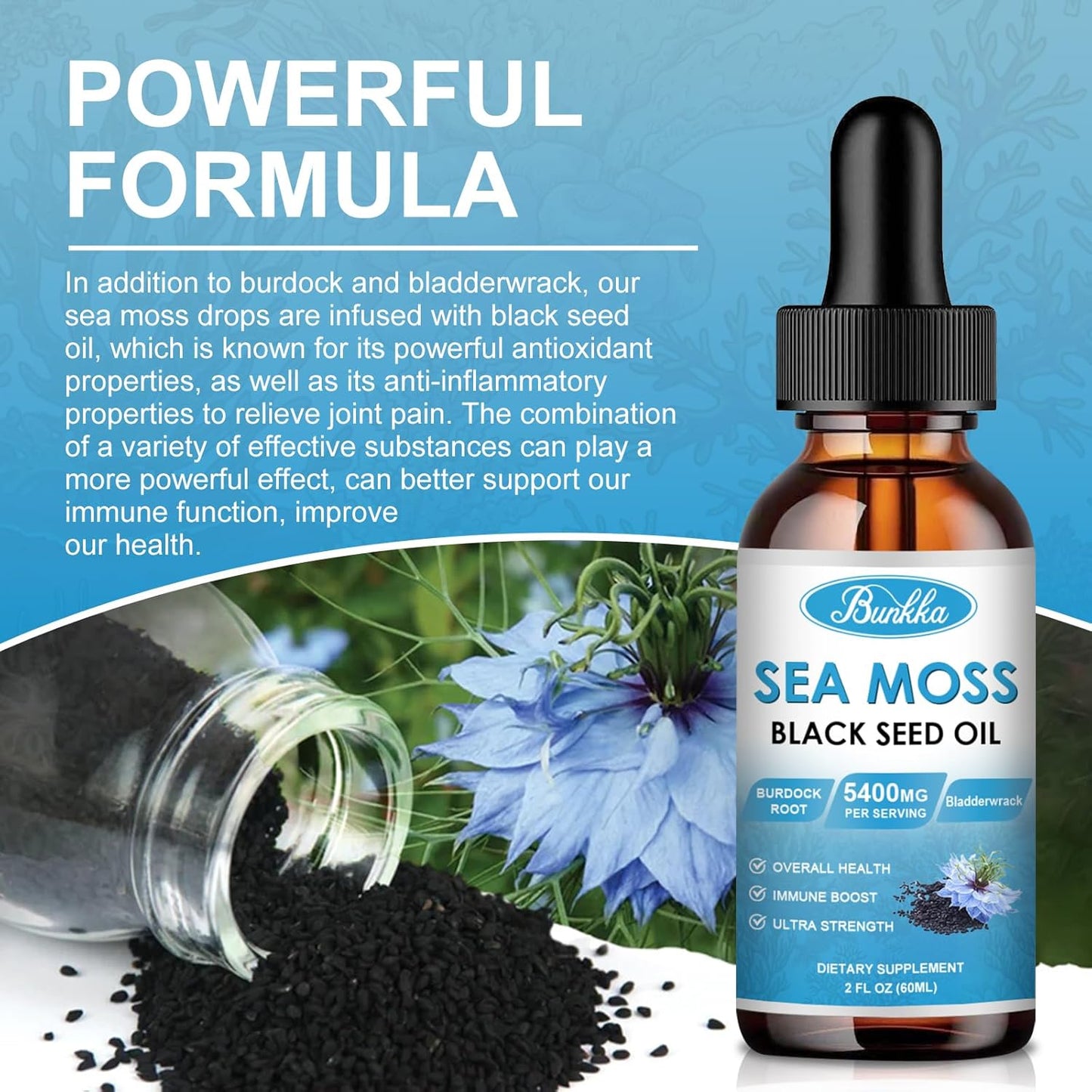 Sea Moss and Black Seed Oil Bundle for Immune Support and Energy Boost, 2 Pack with Burdock Root, Bladderwrack, and Vitamins C & D3