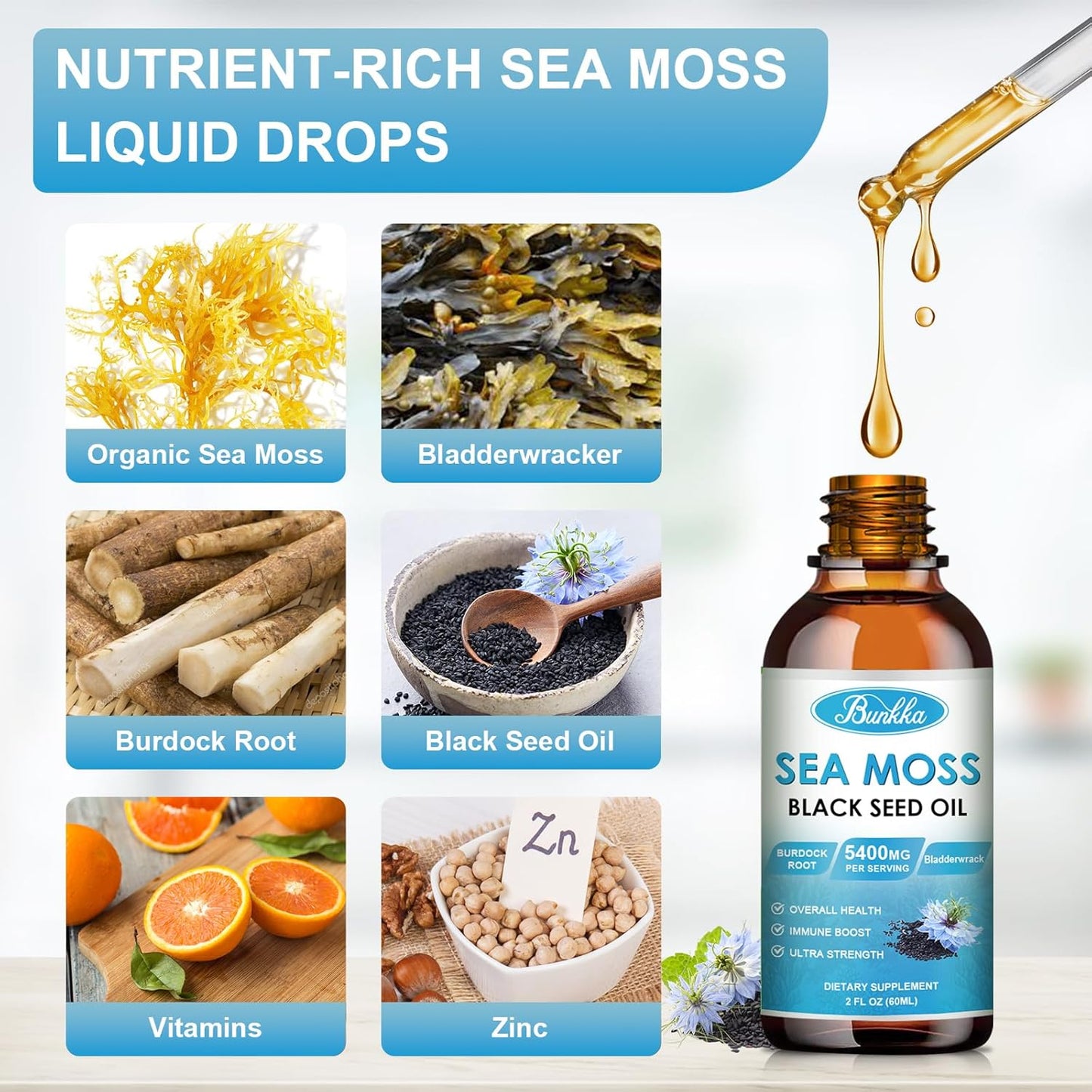 Sea Moss and Black Seed Oil Bundle for Immune Support and Energy Boost, 2 Pack with Burdock Root, Bladderwrack, and Vitamins C & D3
