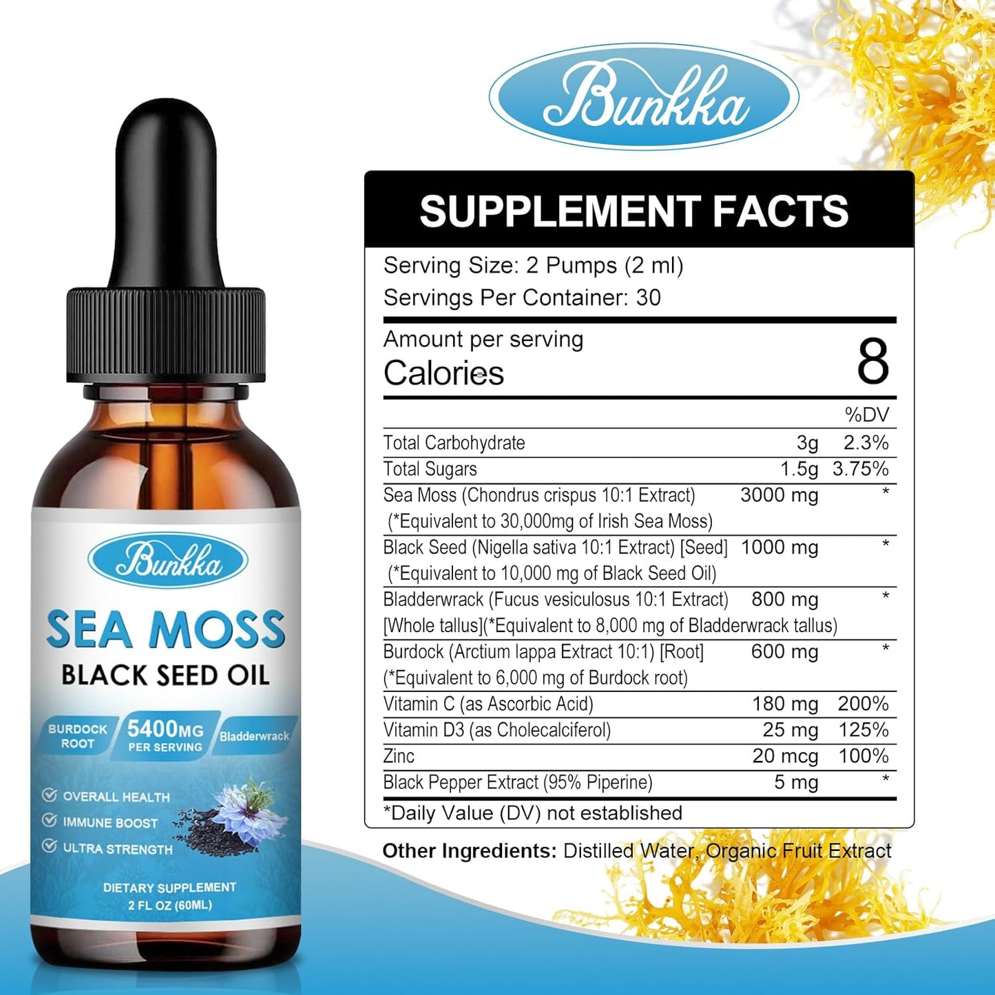 Sea Moss and Black Seed Oil Bundle for Immune Support and Energy Boost, 2 Pack with Burdock Root, Bladderwrack, and Vitamins C & D3