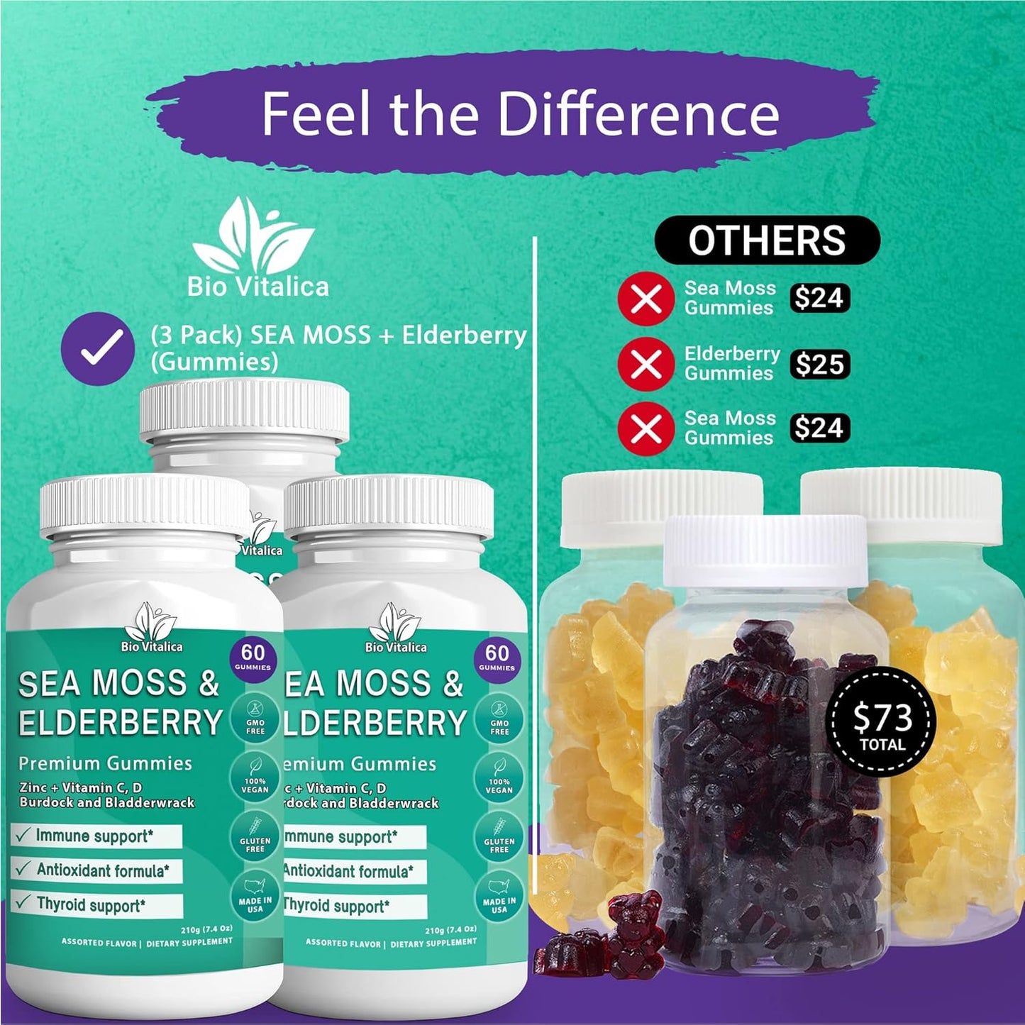 Sea Moss and Elderberry Gummies Bundle - BioVitalica Parent Pack (3)