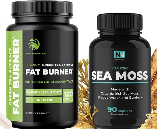 Sea Moss and Green Tea Weight Loss Pills with Bladderwrack, Burdock Root, and Green Coffee - Metabolism Booster, Thyroid Support, Appetite Suppressant, Immune Support - 90 & 120 Capsules