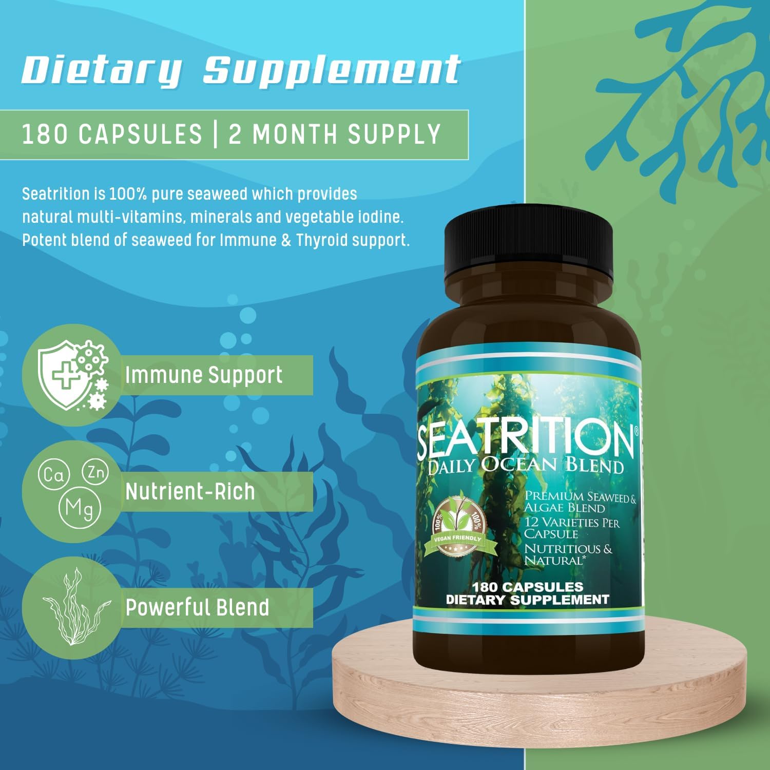 Sea Moss and Seaweed Ocean Blend Capsules for Daily Thyroid Support - 180 Veg Capsules, Multi-Mineral Vitamin Supplement