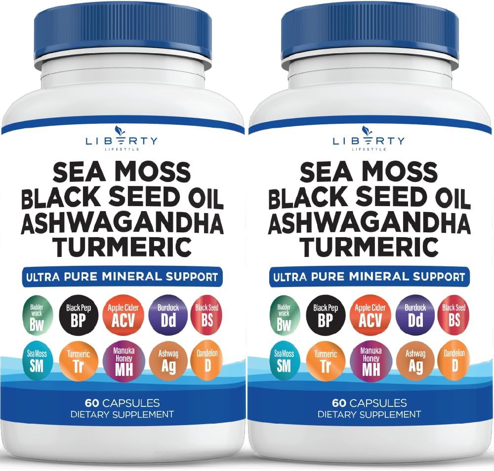 Sea Moss Black Seed Oil Ashwagandha Turmeric Bladderwrack Burdock Capsules with Manuka Honey Dandelion ACV Black Pepper - Gluten Free - 2-Pack