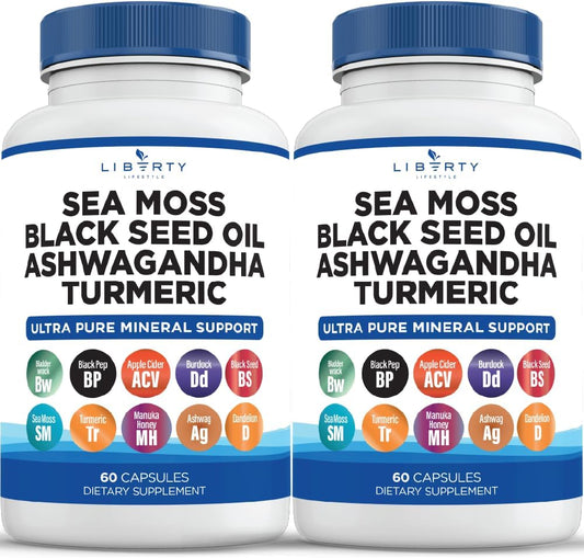 Sea Moss Black Seed Oil Ashwagandha Turmeric Bladderwrack Burdock Capsules with Manuka Honey Dandelion ACV Black Pepper - Gluten Free - 2-Pack
