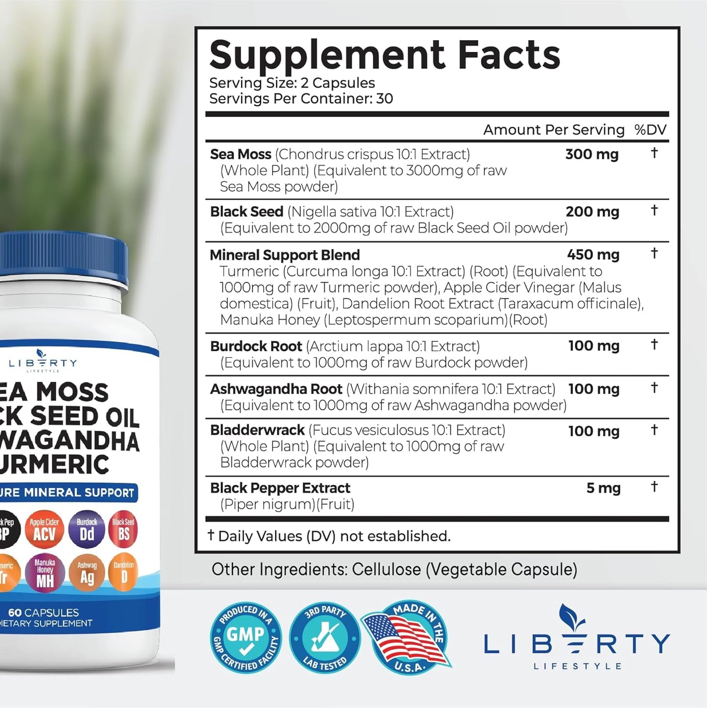 Sea Moss Black Seed Oil Ashwagandha Turmeric Bladderwrack Burdock Capsules with Manuka Honey Dandelion ACV Black Pepper - Gluten Free - 2-Pack
