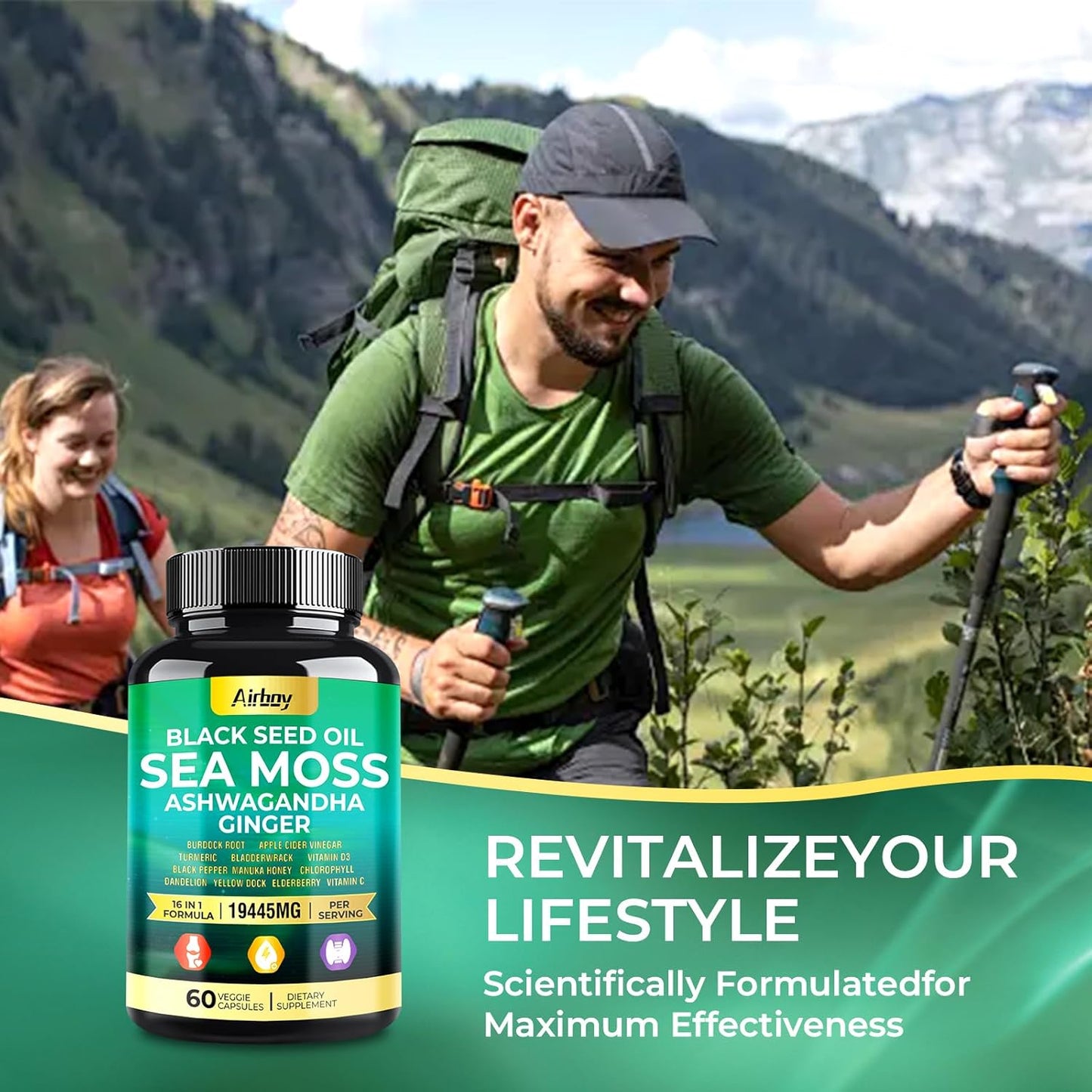 Sea Moss, Black Seed Oil, Ashwagandha, Turmeric, Bladderwrack Capsules with Ginger, Vitamin C, D3, Elderberry, Manuka, Dandelion, Yellow Dock, Chlorophyll for Men & Women